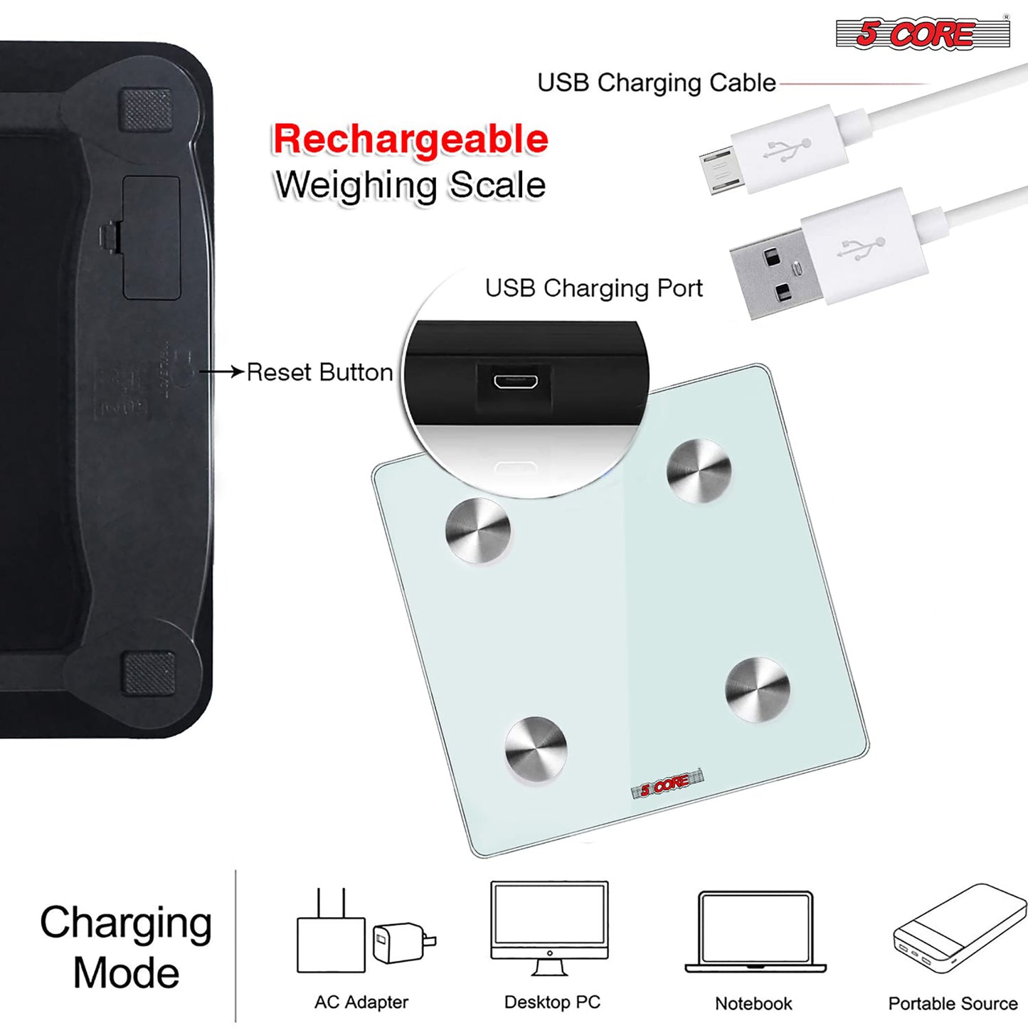 Kcubeinc Rechargeable Smart Digital Bathroom Weighing Scale with Body Fat and Water Weight for People, Bluetooth BMI Electronic Body Analyzer Machine, 400 lbs. BBS DOT R WH