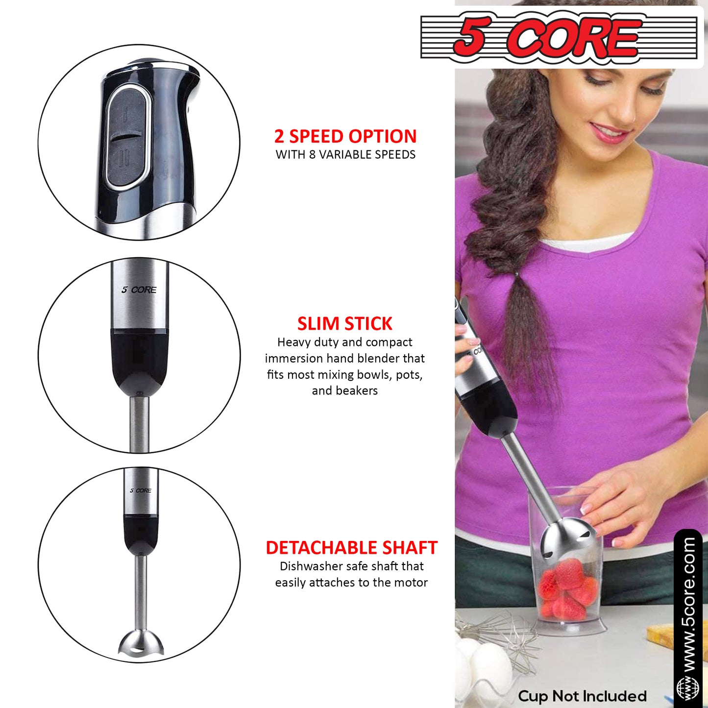 Powerful Immersion Blender| 500 Watt Multi-Purpose Hand Blender Heavy Duty Copper Motor Brushed Stainless Steel| for Soup, Smoothie, Puree, Baby Food, 304 Stainless Steel Blades- HB 1510