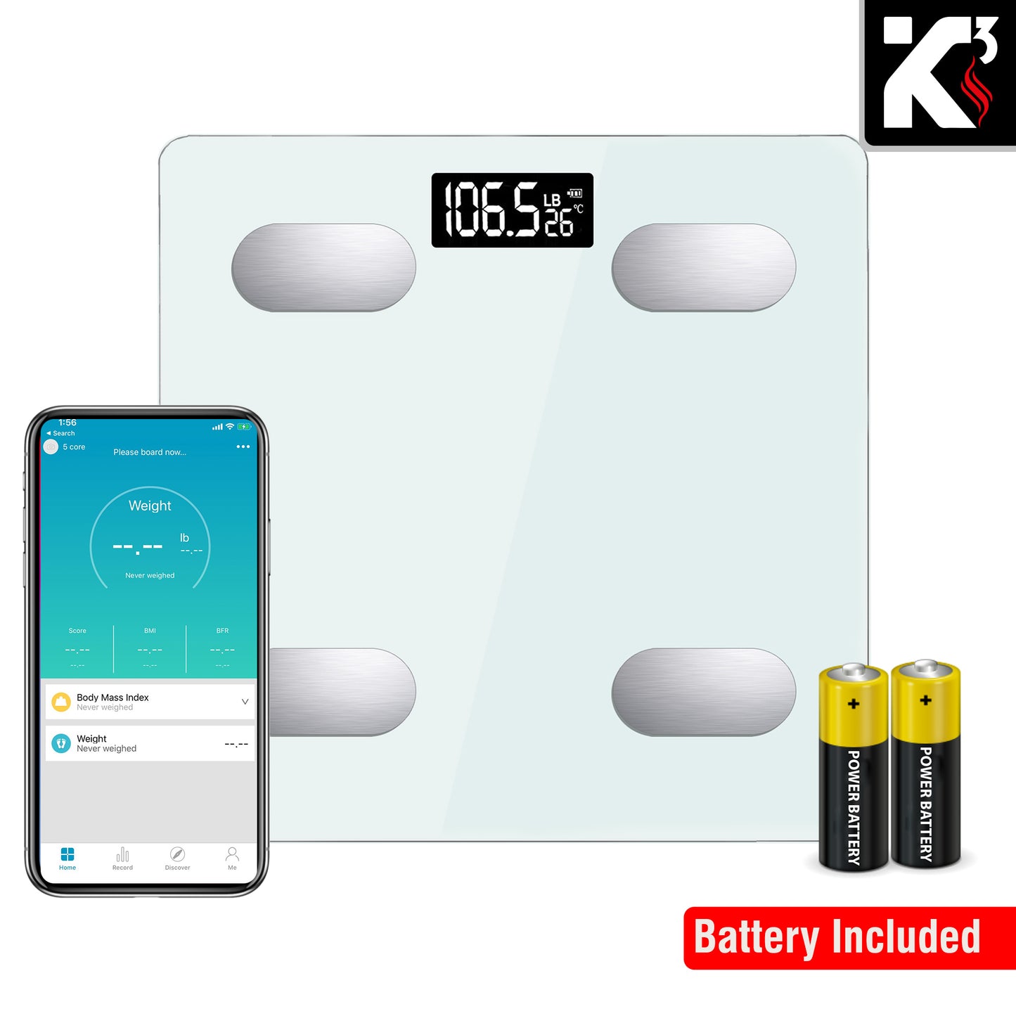 Kcubeinc Smart Digital Bathroom Weighing Scale with Body Fat and Water Weight for People, Bluetooth BMI Electronic Body Analyzer Machine, 400 lbs. BBS HL B WH