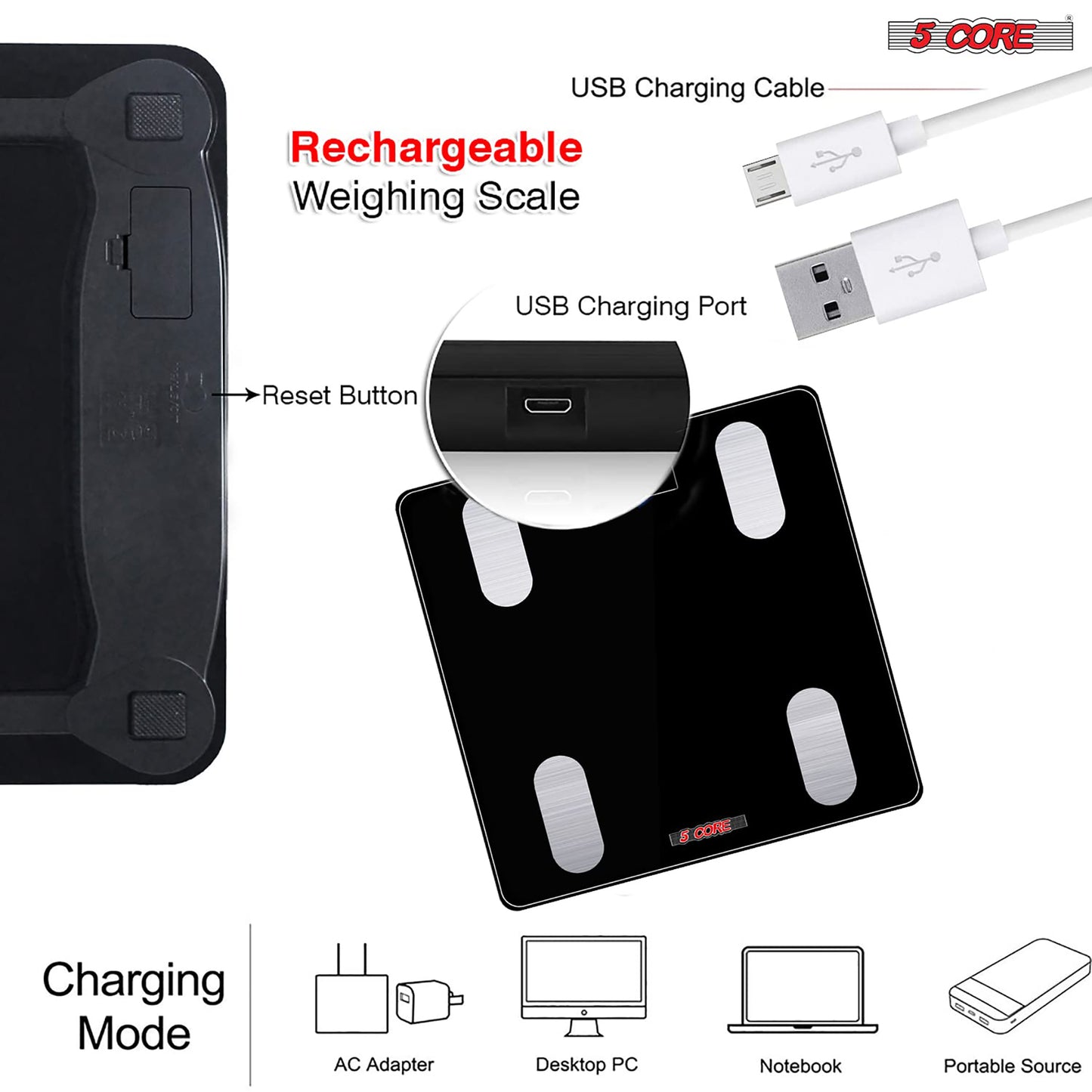 Kcubeinc Rechargeable Smart Digital Bathroom Weighing Scale with Body Fat and Water Weight for People, Bluetooth BMI Electronic Body Analyzer Machine, 400 lbs. BBS VL R BLK