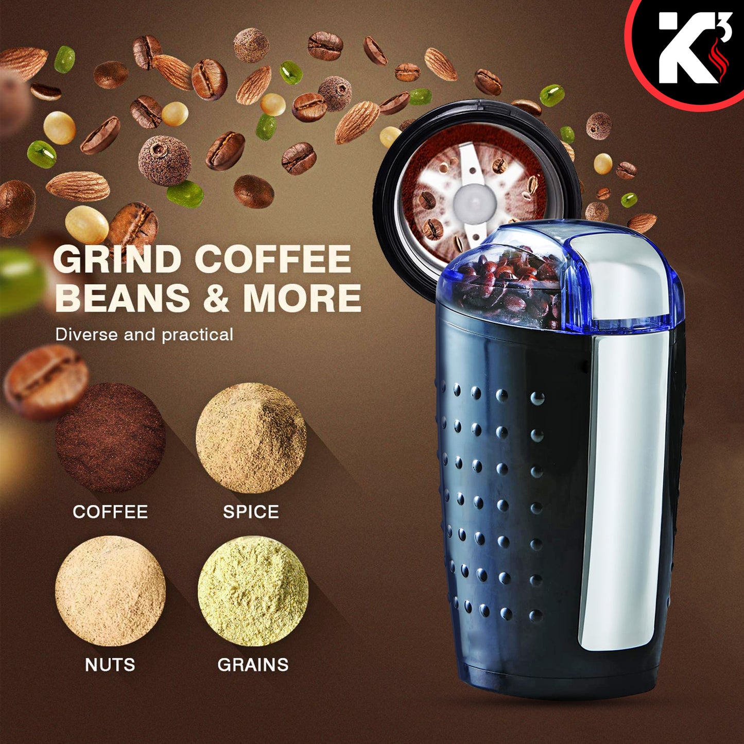 One-Touch Coffee and Spice Grinder Black| Stainless Steel Blades, Removable Chamber| Capacity up to 12 Cups| Electric Coffee Grinder for Beans, Spices, and More- CG 01 BL