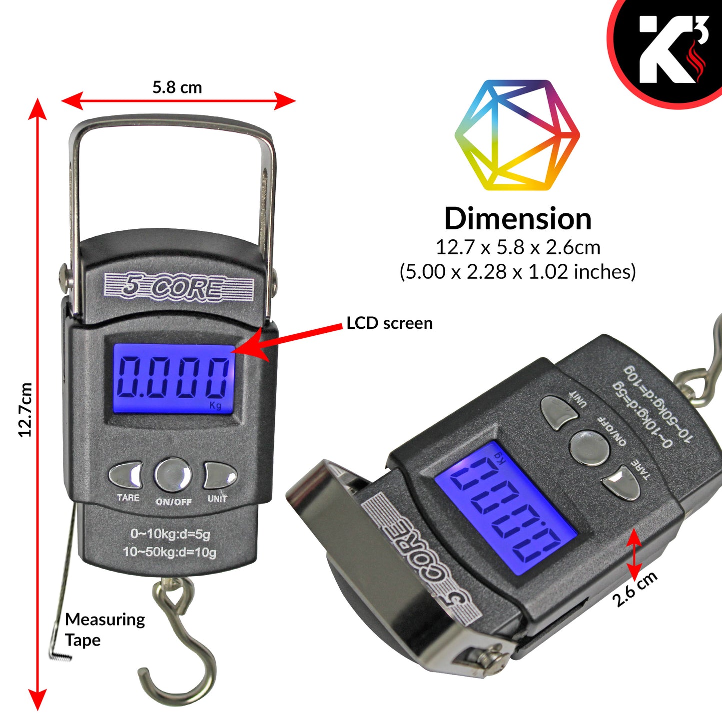Kcubeinc Fish Scale 110lb/50kg Capacity Backlit Blue LCD Display/ Fishing Scale with Built-in Measuring Tape/ Hanging Hook Scale Operates with 2 AAA Batteries- LS-006