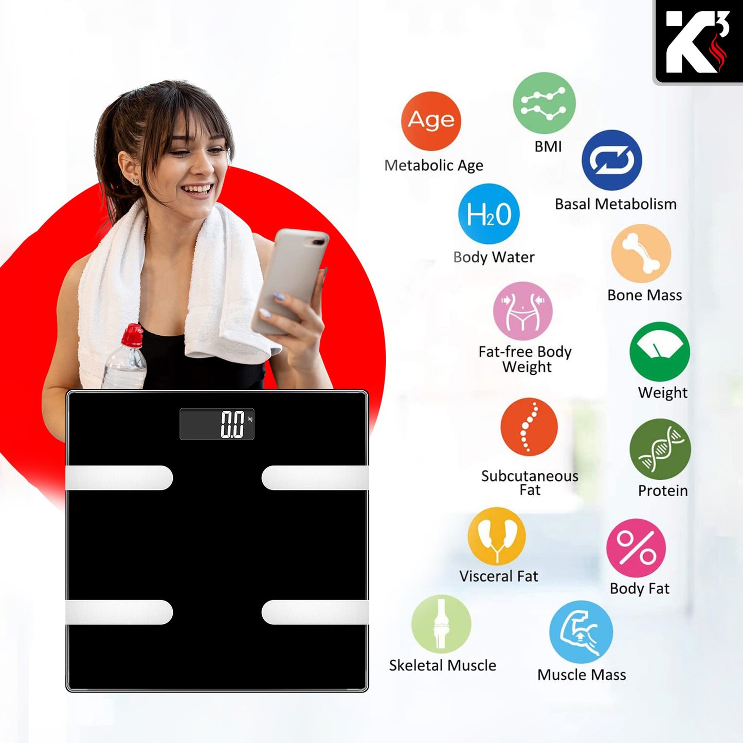 Kcubeinc Smart Digital Bathroom Weighing Scale with Body Fat and Water Weight for People, Bluetooth BMI Electronic Body Analyzer Machine, 400 lbs. BBS HL B BLK