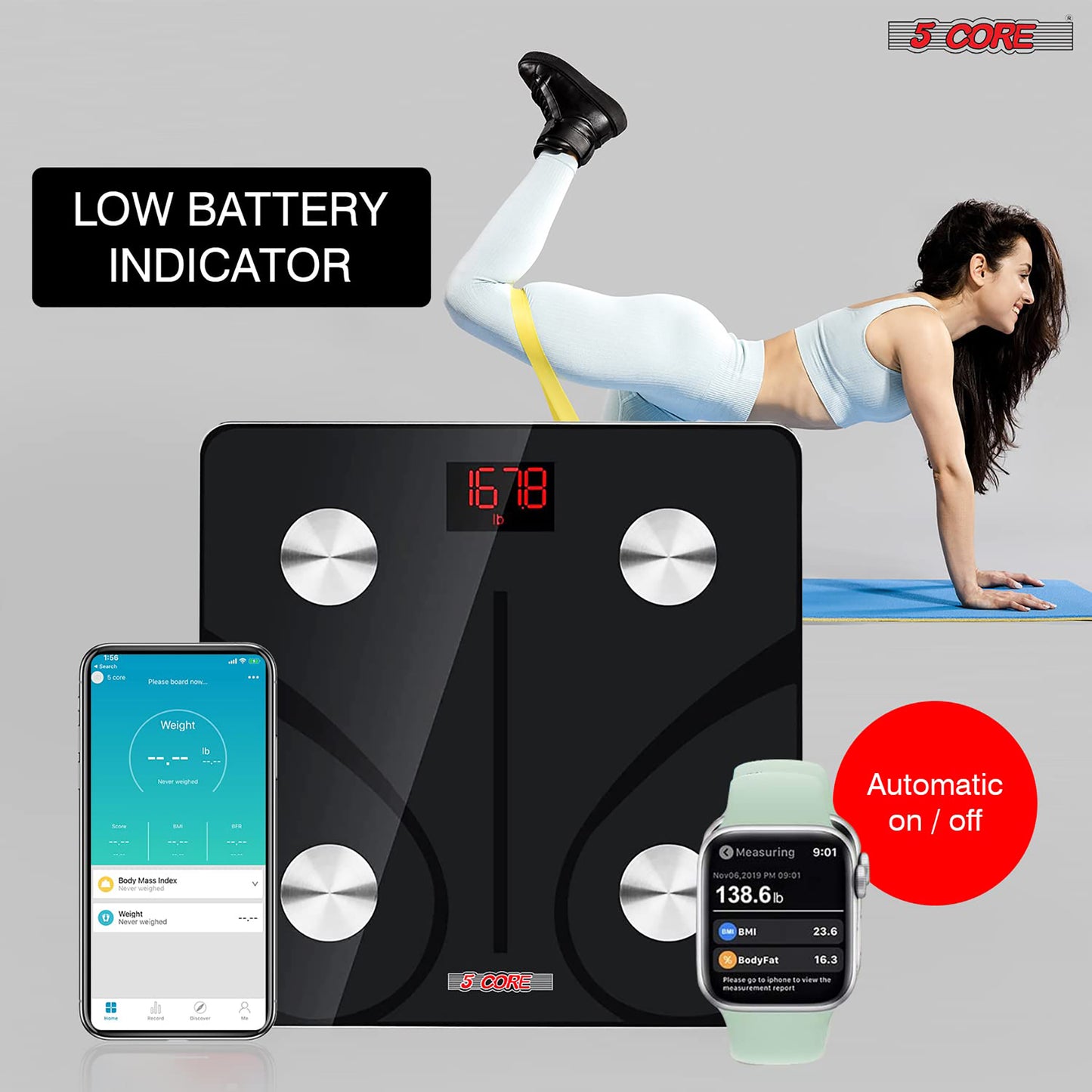 Kcubeinc Rechargeable Smart Digital Bathroom Weighing Scale with Body Fat and Water Weight for People, Bluetooth BMI Electronic Body Analyzer Machine, 400 lbs. BBS DOT R BLK