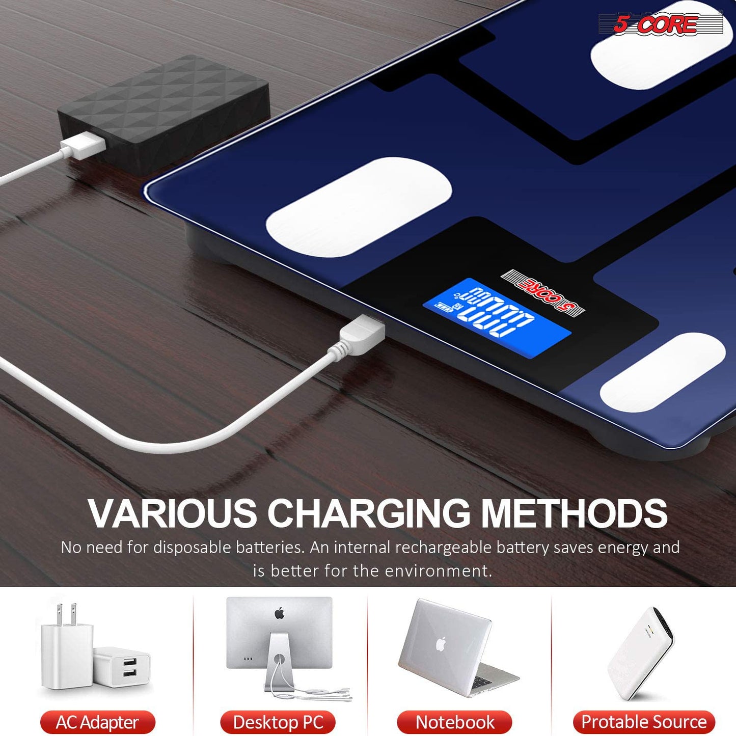 Kcubeinc Rechargeable Smart Digital Bathroom Weighing Scale with Body Fat and Water Weight for People, Bluetooth BMI Electronic Body Analyzer Machine, 400 lbs. BBS VL R BLU