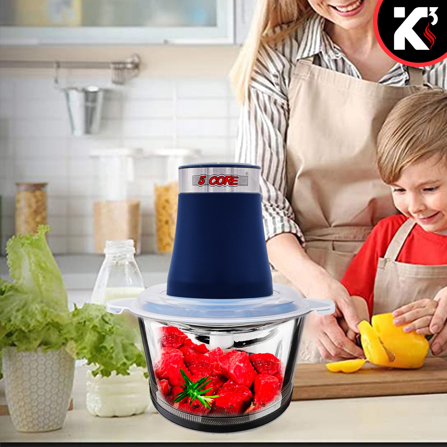 Kcubeinc Electric Food Chopper, 8-Cup Food Processor/ Stainless Steel Motor Unit, and 4 Sharp Blades/ 2L Glass Bowl Grinder for Meat, Vegetables, Fruits and Nuts- MG S GB