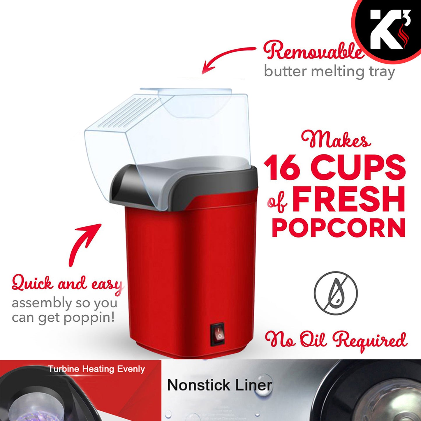 Kcubeinc Popcorn Machine Hot Air Electric Popper Kernel Corn Maker Bpa Free No Oil POP R