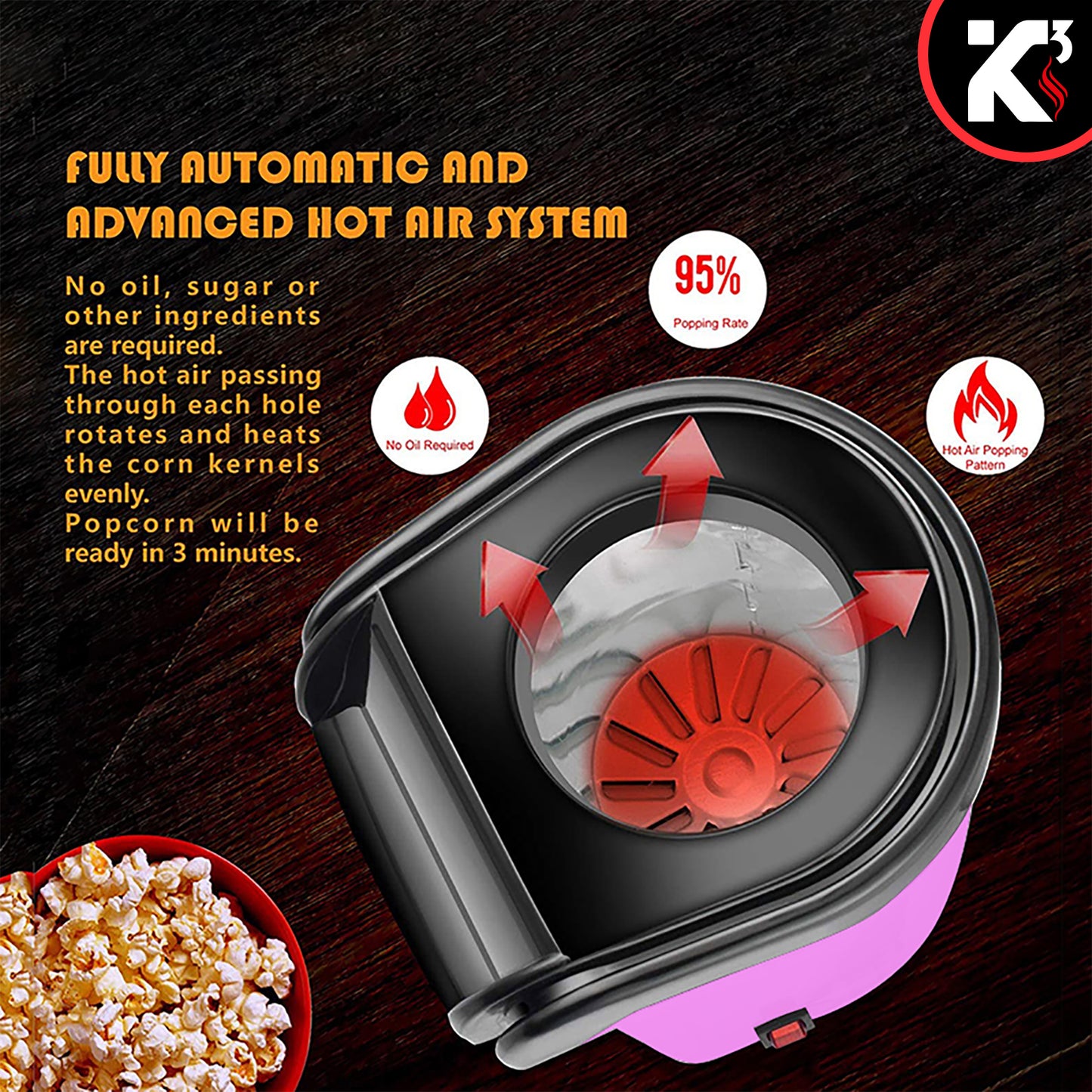 Kcubeinc Popcorn Machine Hot Air Electric Popper Kernel Corn Maker Bpa Free No Oil POP P