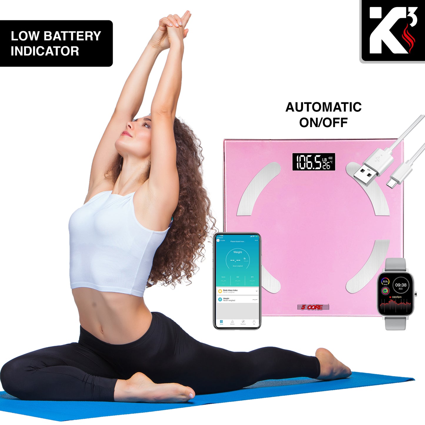 Kcubeinc Rechargeable Smart Digital Bathroom Weighing Scale with Body Fat and Water Weight for People, Bluetooth BMI Electronic Body Analyzer Machine, 400 lbs. BBS 03 R PNK