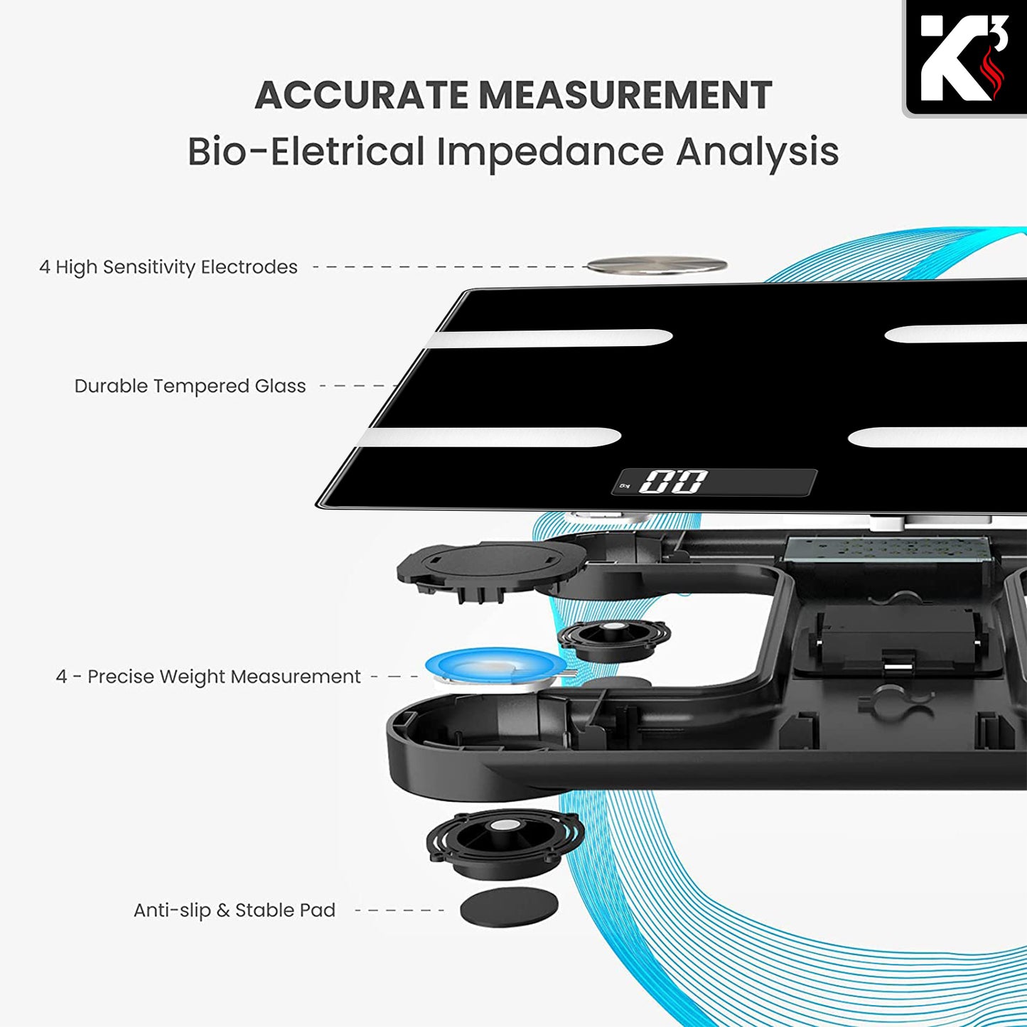 Kcubeinc Smart Digital Bathroom Weighing Scale with Body Fat and Water Weight for People, Bluetooth BMI Electronic Body Analyzer Machine, 400 lbs. BBS HL B BLK