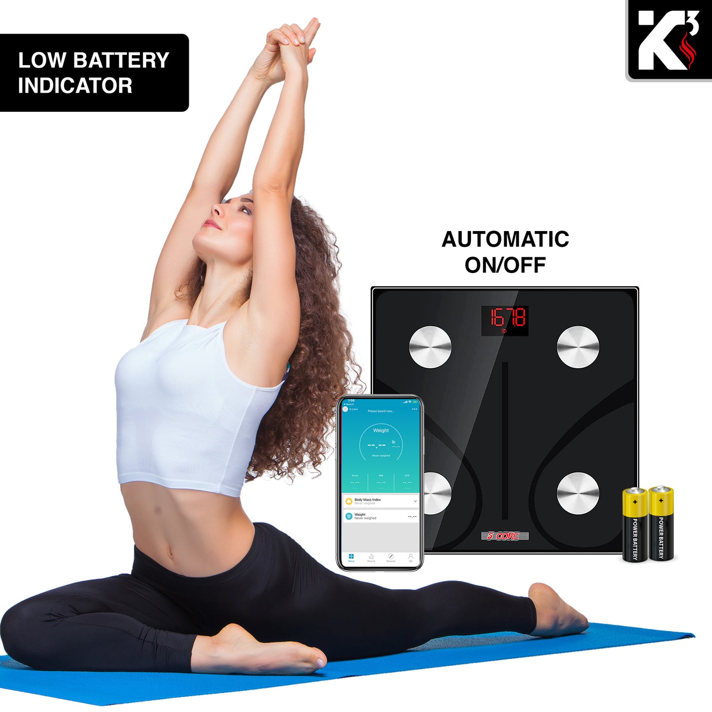 Kcubeinc Smart Digital Bathroom Weighing Scale with Body Fat and Water Weight for People, Bluetooth BMI Electronic Body Analyzer Machine, 400 lbs. BBS DOT B BLK