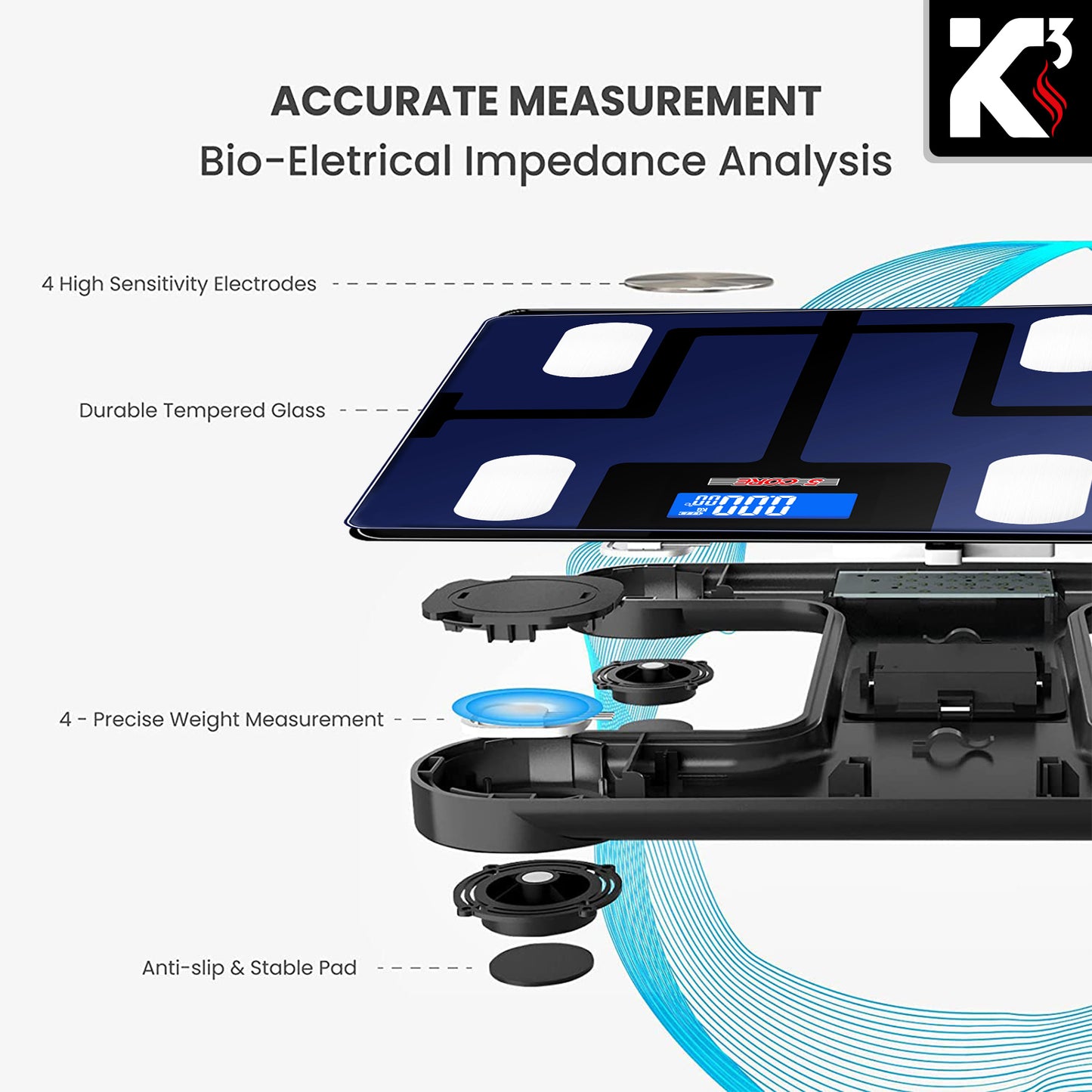 Kcubeinc Smart Digital Bathroom Weighing Scale with Body Fat and Water Weight for People, Bluetooth BMI Electronic Body Analyzer Machine, 400 lbs. BBS VL B BLU