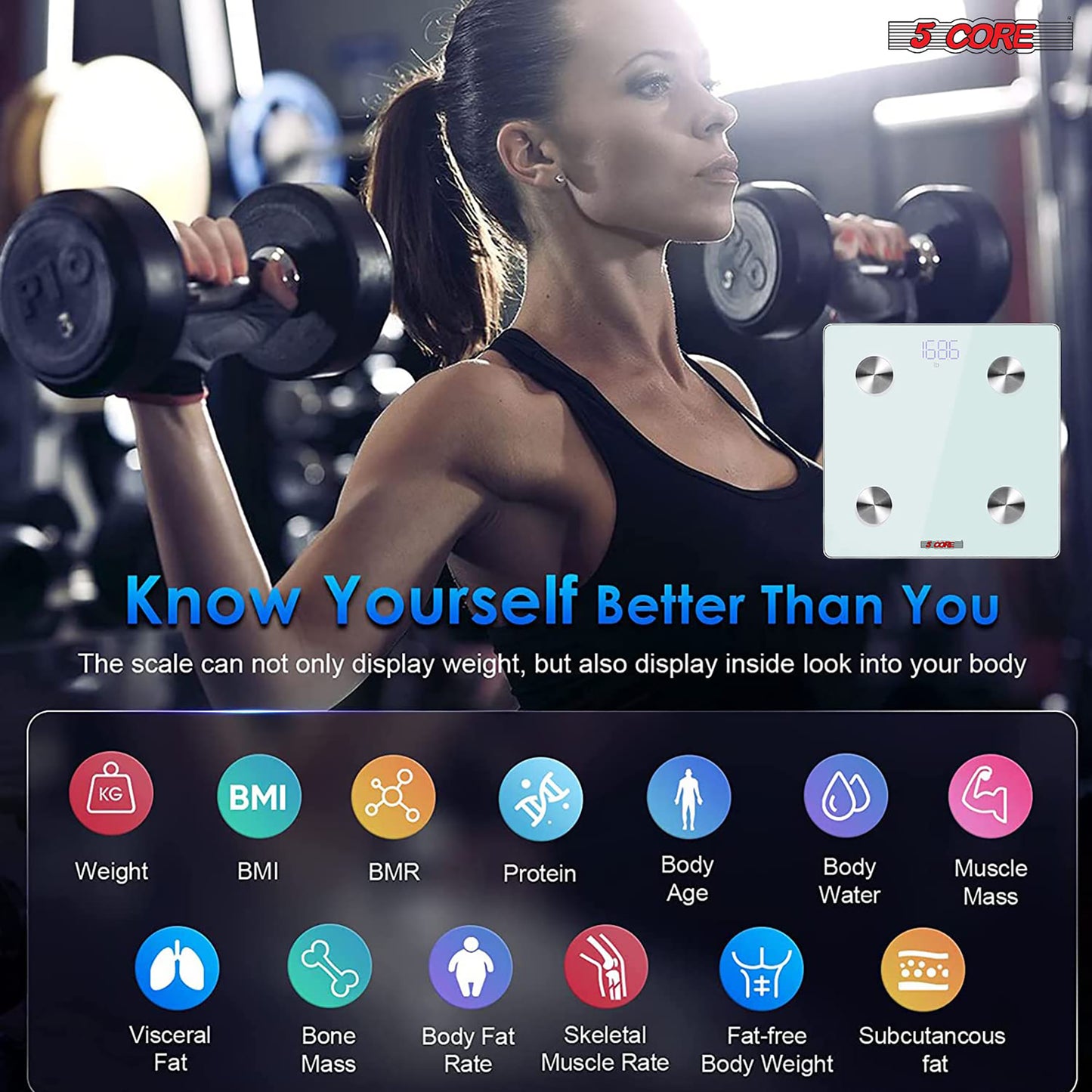 Kcubeinc Rechargeable Smart Digital Bathroom Weighing Scale with Body Fat and Water Weight for People, Bluetooth BMI Electronic Body Analyzer Machine, 400 lbs. BBS DOT R WH