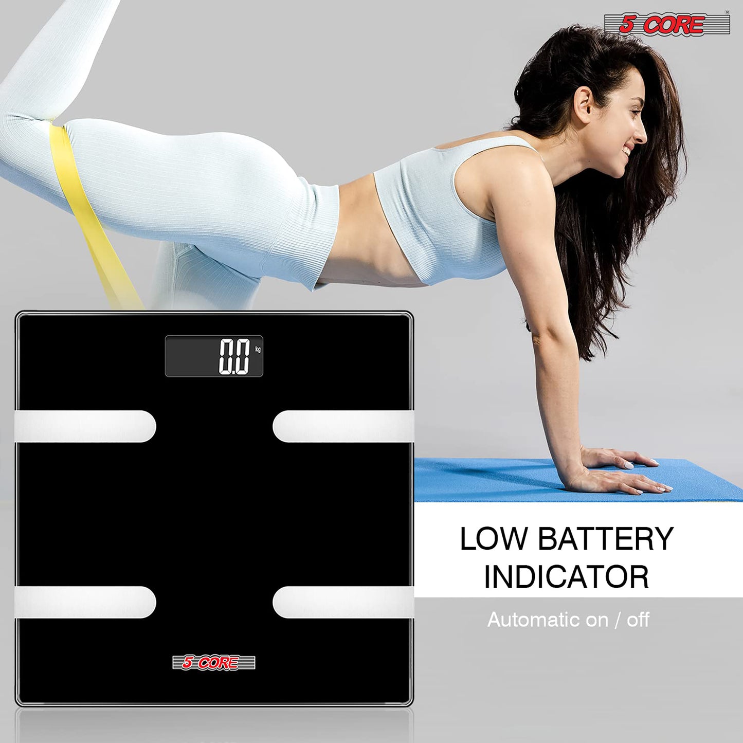 Kcubeinc Rechargeable Smart Digital Bathroom Weighing Scale with Body Fat and Water Weight for People, Bluetooth BMI Electronic Body Analyzer Machine, 400 lbs. BBS HL R BLK
