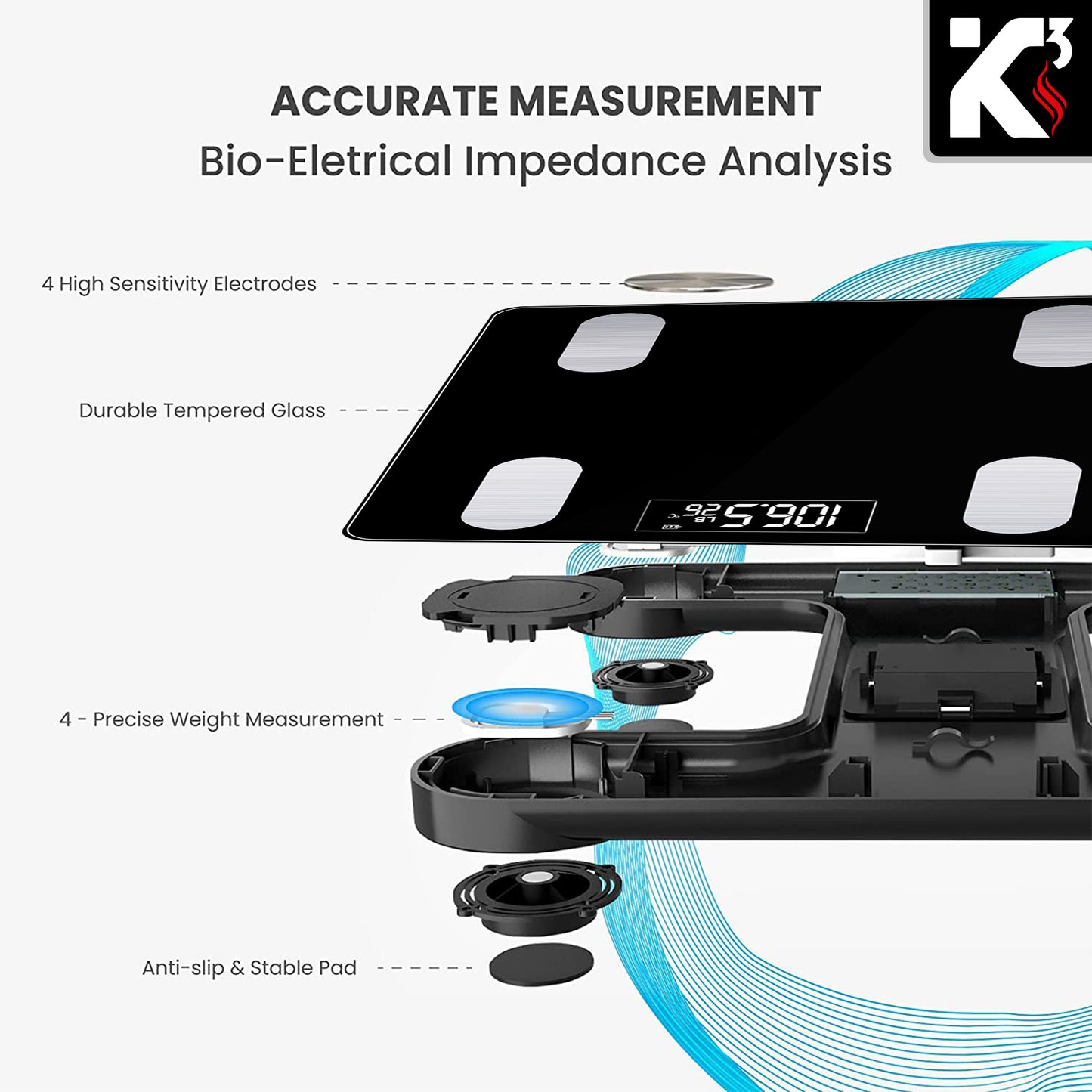 Kcubeinc Smart Digital Bathroom Weighing Scale with Body Fat and Water Weight for People, Bluetooth BMI Electronic Body Analyzer Machine, 400 lbs. BBS VL B BLK