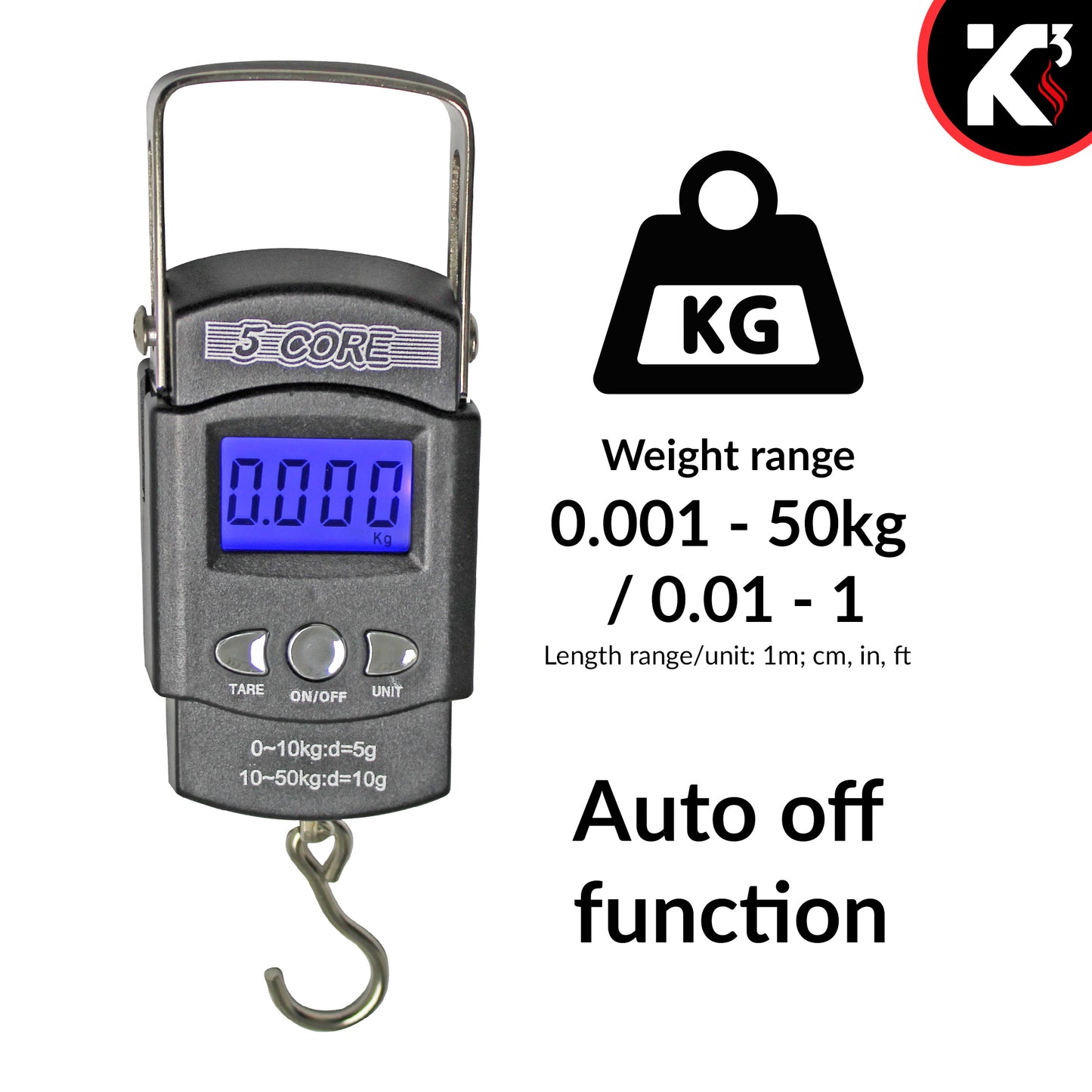 Kcubeinc Fish Scale 110lb/50kg Capacity Backlit Blue LCD Display/ Fishing Scale with Built-in Measuring Tape/ Hanging Hook Scale Operates with 2 AAA Batteries- LS-006