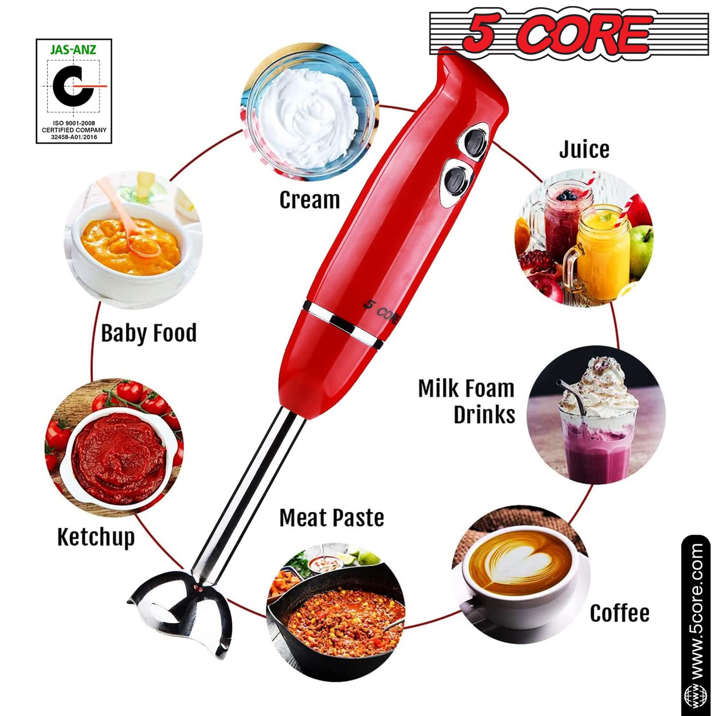 Powerful Immersion Blender Red| 500 Watt Multi-Purpose Hand Blender Heavy Duty Copper Motor Brushed Stainless Steel| for Soup, Smoothie, Puree, Baby Food, 304 Stainless Steel Blades- HB 1510 RED