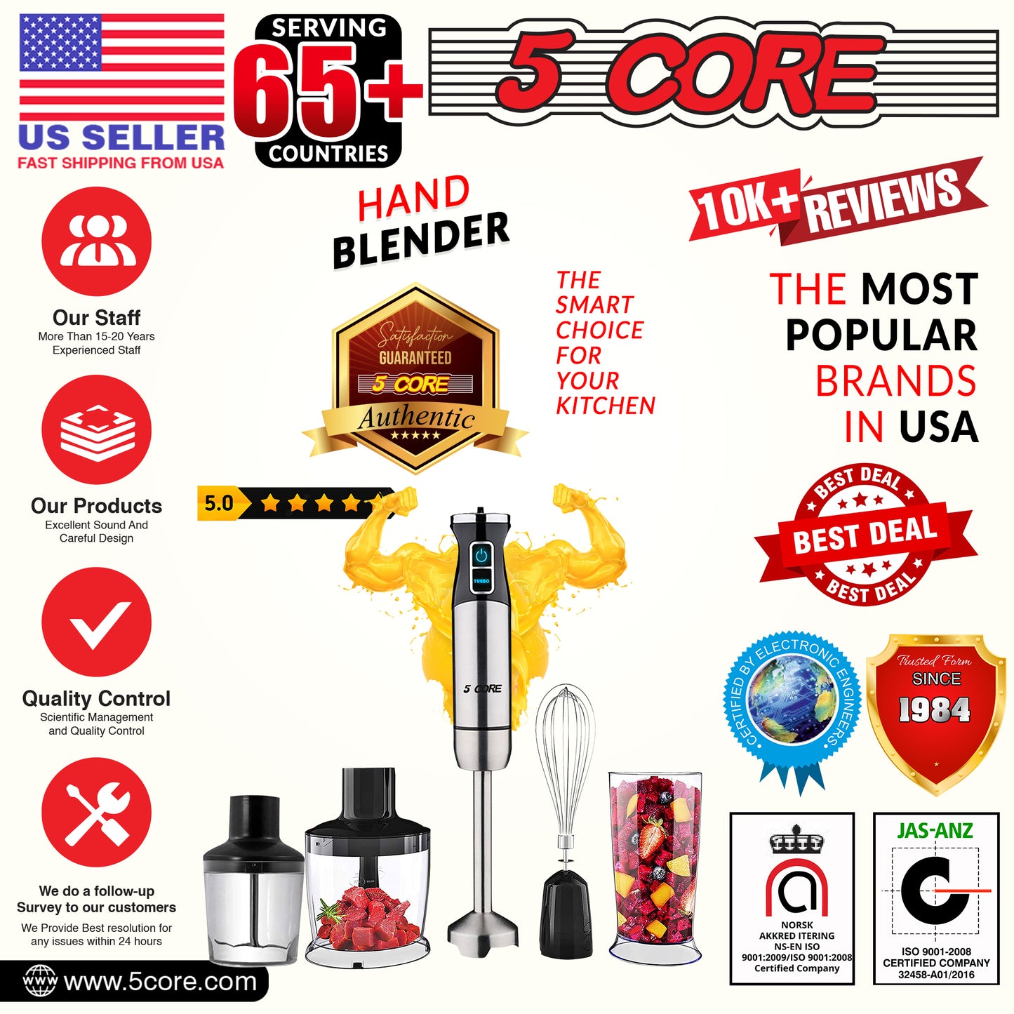 Powerful Immersion Blender Red| 500 Watt Multi-Purpose Hand Blender Heavy Duty Copper Motor 304 Stainless Steel Blades| for Soup, Smoothie, Puree, Baby Food, 304 Stainless Steel Blades- HB 1520