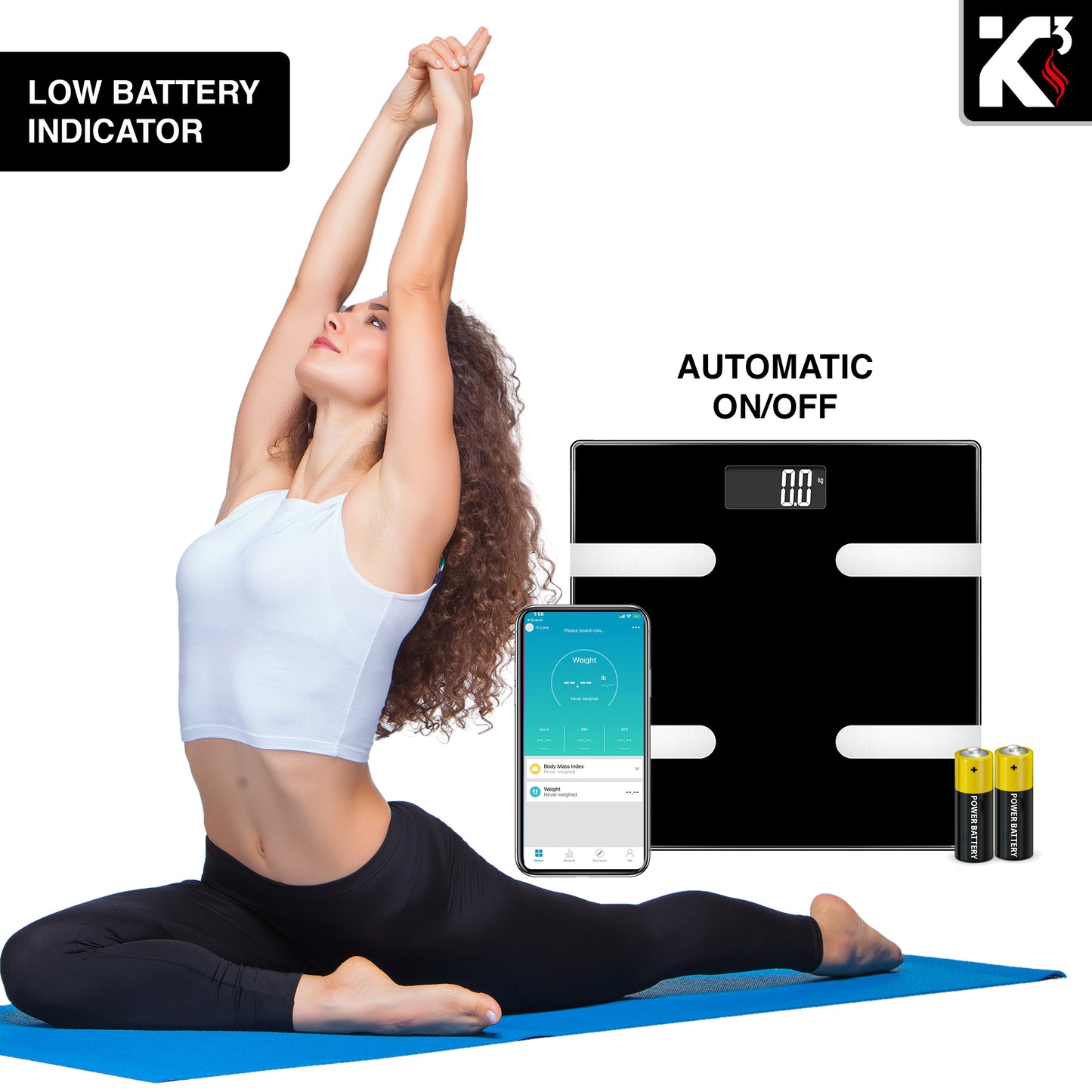 Kcubeinc Smart Digital Bathroom Weighing Scale with Body Fat and Water Weight for People, Bluetooth BMI Electronic Body Analyzer Machine, 400 lbs. BBS HL B BLK