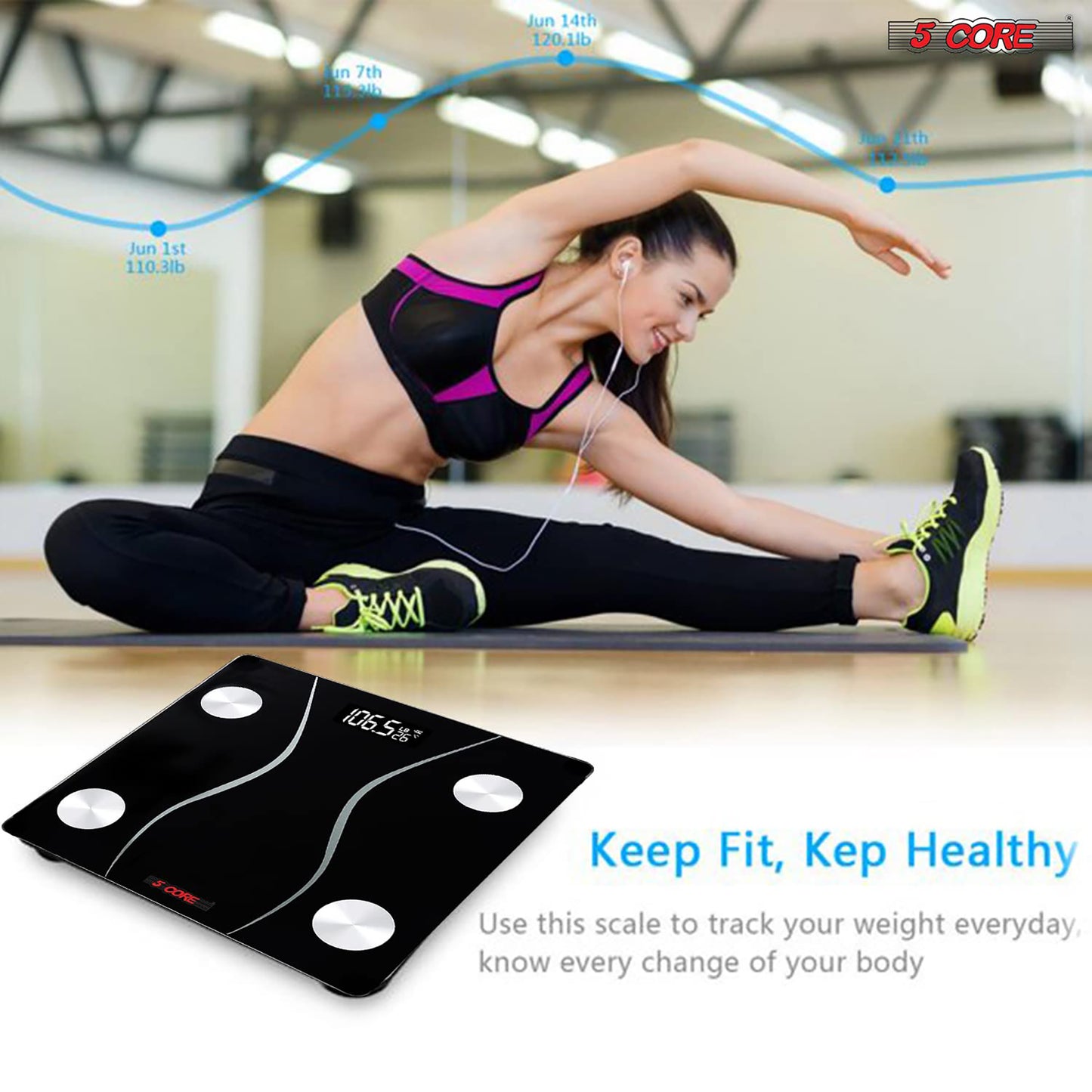 Kcubeinc Rechargeable Digital Scale for Body Weight, Precision Bathroom Weighing Bath Scale, Step-On Technology, High Capacity - 400 lbs. Large Display, Batteries Included BS 01 R BLK