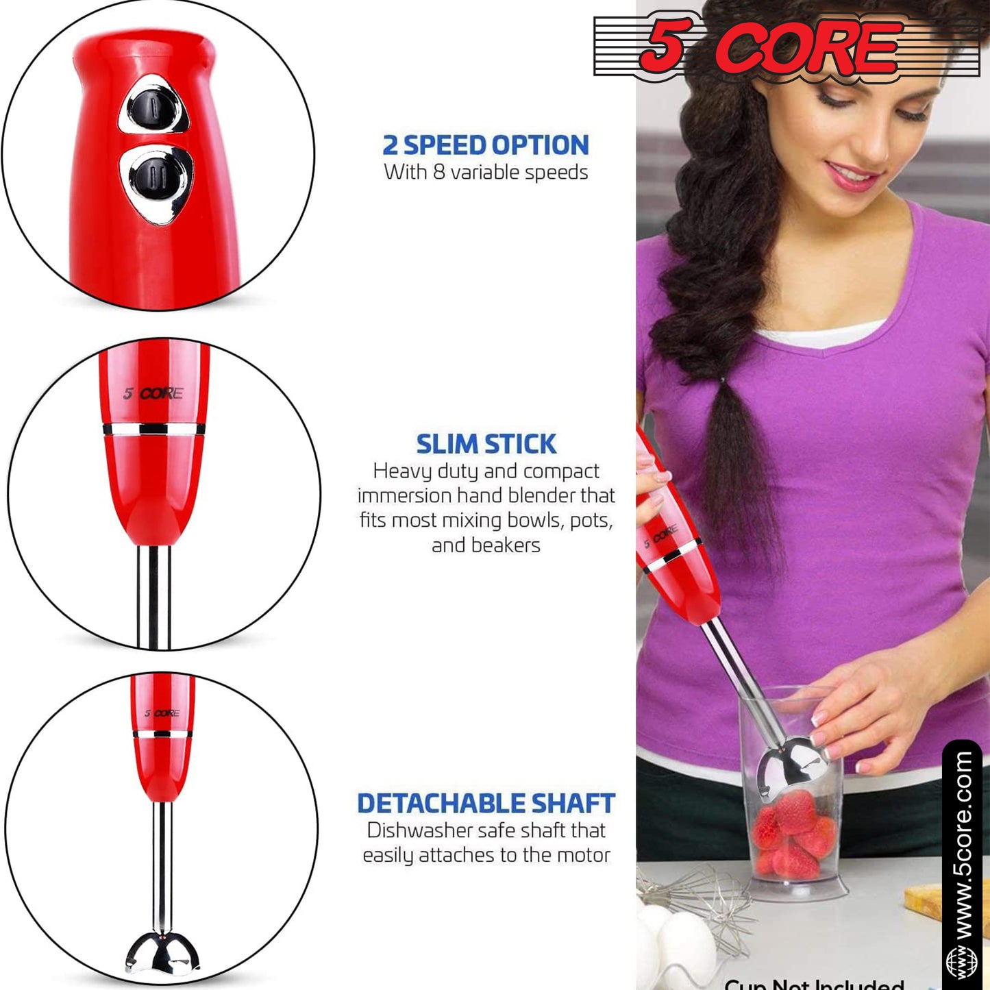 Powerful Immersion Blender Red| 500 Watt Multi-Purpose Hand Blender Heavy Duty Copper Motor Brushed Stainless Steel| for Soup, Smoothie, Puree, Baby Food, 304 Stainless Steel Blades- HB 1510 RED