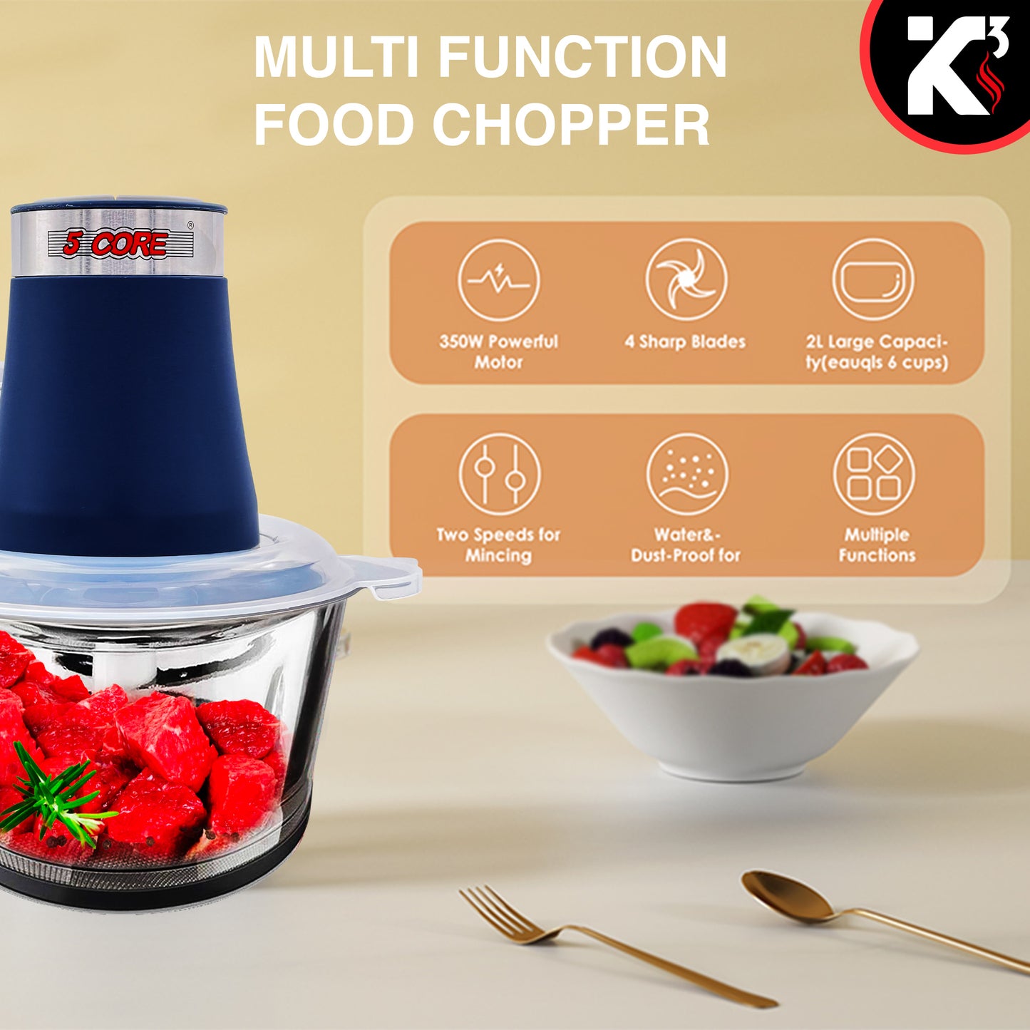 Kcubeinc Electric Food Chopper, 8-Cup Food Processor/ Stainless Steel Motor Unit, and 4 Sharp Blades/ 2L Glass Bowl Grinder for Meat, Vegetables, Fruits and Nuts- MG S GB