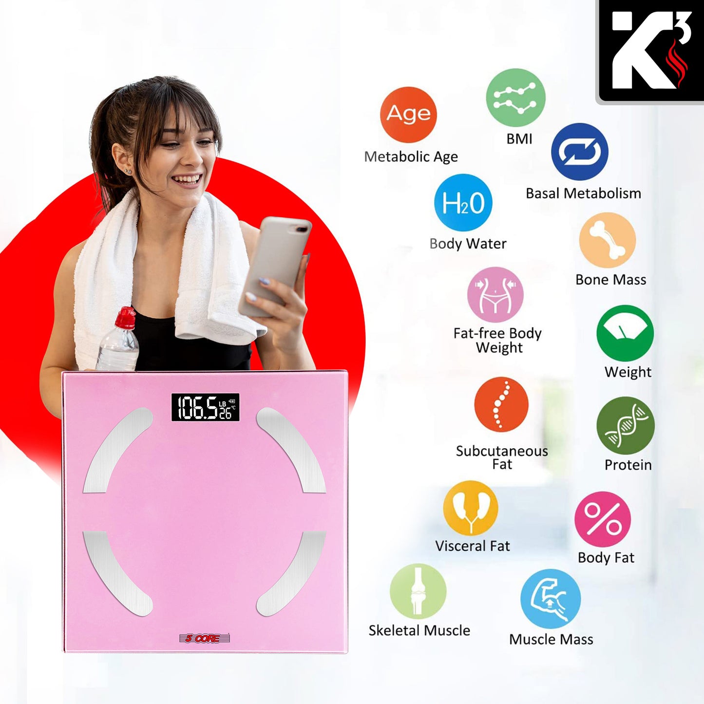 Kcubeinc Rechargeable Smart Digital Bathroom Weighing Scale with Body Fat and Water Weight for People, Bluetooth BMI Electronic Body Analyzer Machine, 400 lbs. BBS 03 R PNK