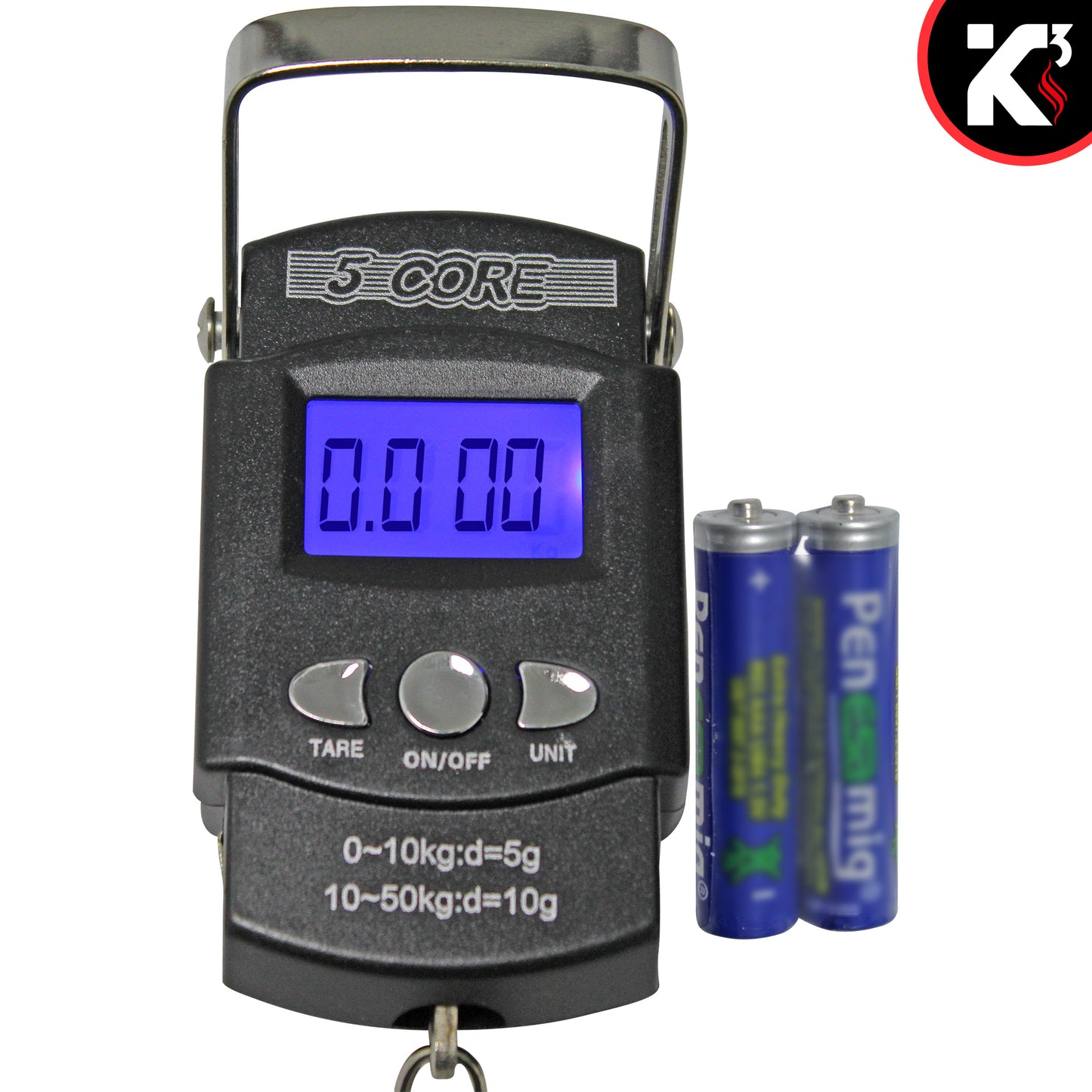 Kcubeinc Fish Scale 110lb/50kg Capacity Backlit Blue LCD Display/ Fishing Scale with Built-in Measuring Tape/ Hanging Hook Scale Operates with 2 AAA Batteries- LS-006