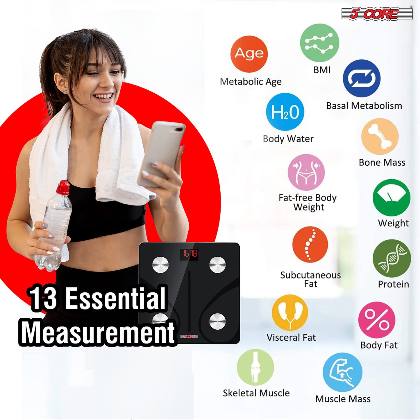 Kcubeinc Rechargeable Smart Digital Bathroom Weighing Scale with Body Fat and Water Weight for People, Bluetooth BMI Electronic Body Analyzer Machine, 400 lbs. BBS DOT R BLK