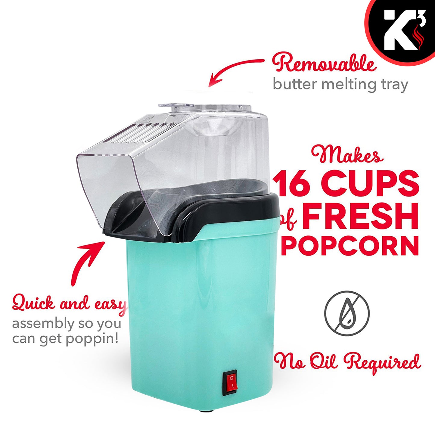 Kcubeinc Popcorn Machine Hot Air Electric Popper Kernel Corn Maker Bpa Free No Oil POP G