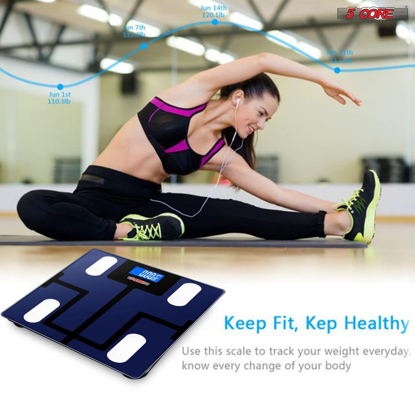 Kcubeinc Rechargeable Smart Digital Bathroom Weighing Scale with Body Fat and Water Weight for People, Bluetooth BMI Electronic Body Analyzer Machine, 400 lbs. BBS VL R BLU
