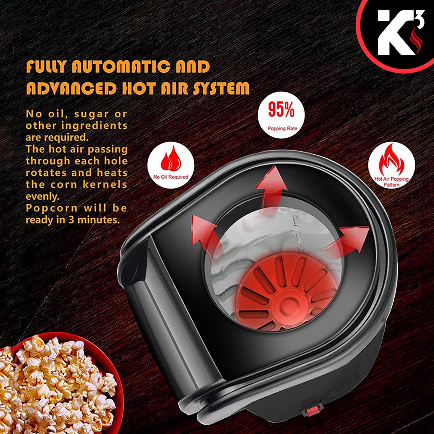 Kcubeinc Popcorn Machine Hot Air Electric Popper Kernel Corn Maker Bpa Free No Oil POP B