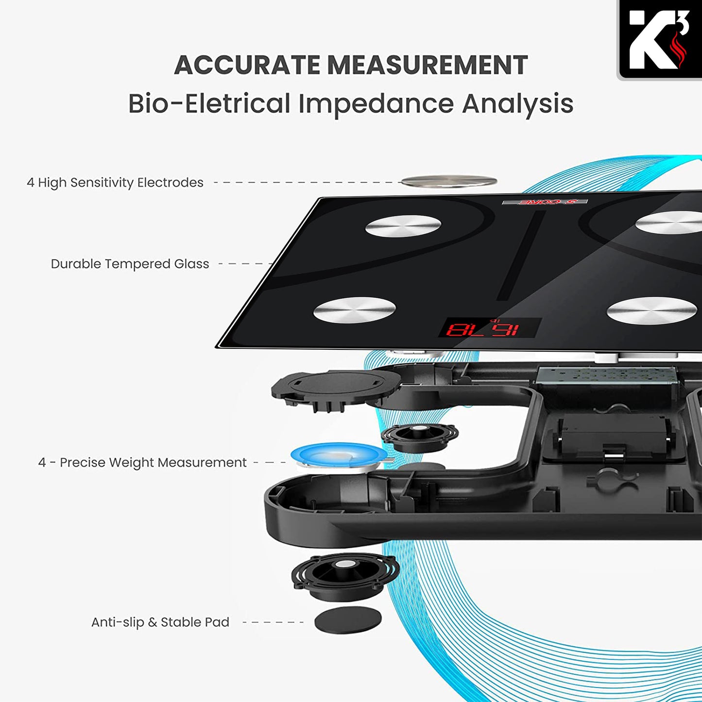Kcubeinc Smart Digital Bathroom Weighing Scale with Body Fat and Water Weight for People, Bluetooth BMI Electronic Body Analyzer Machine, 400 lbs. BBS DOT B BLK