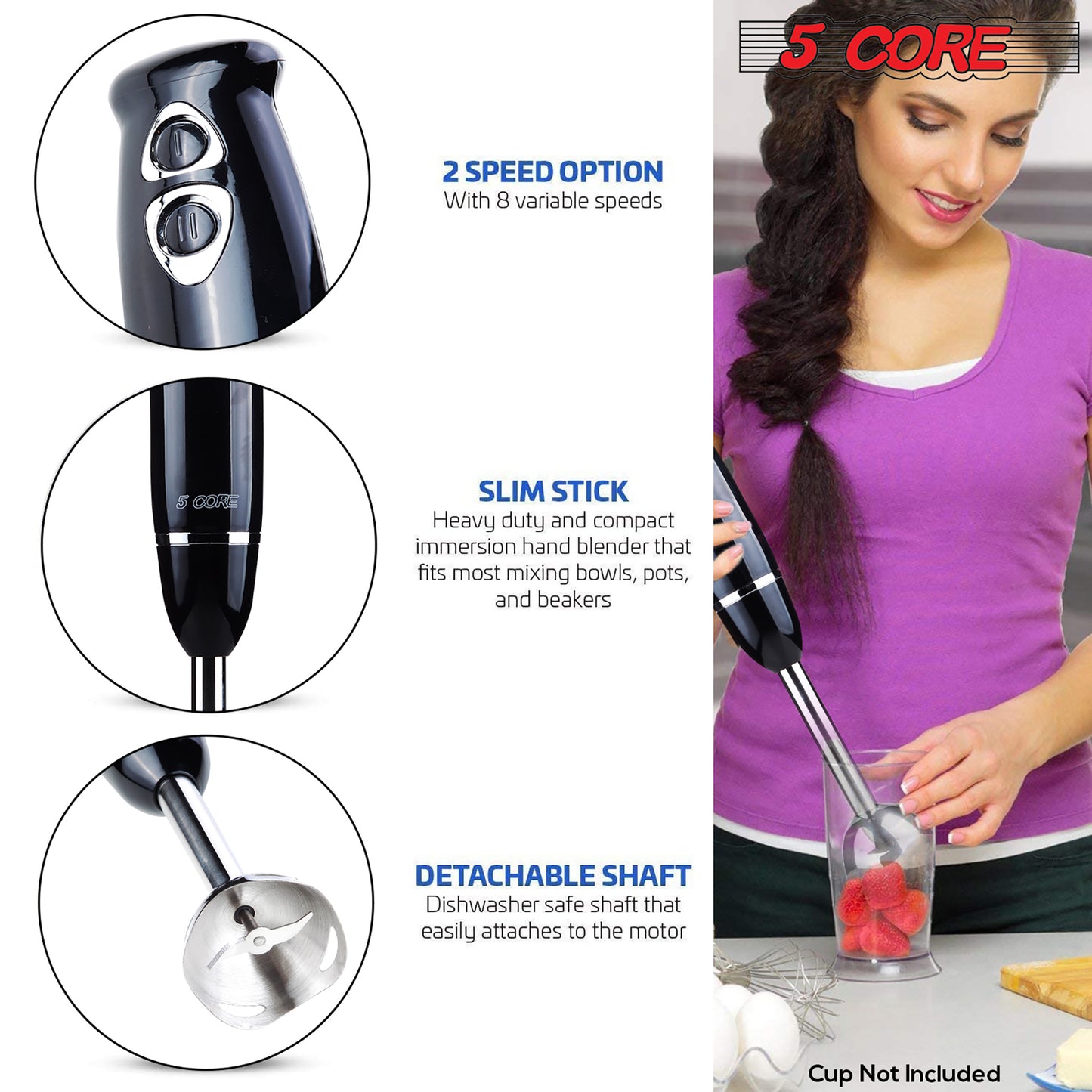 Powerful Immersion Blender Black| 500 Watt Multi-Purpose Hand Blender Heavy Duty Copper Motor w/ Steel Finish | for Soup, Smoothie, Puree, Baby Food, 304 Stainless Steel Blades- HB 1510 BLK