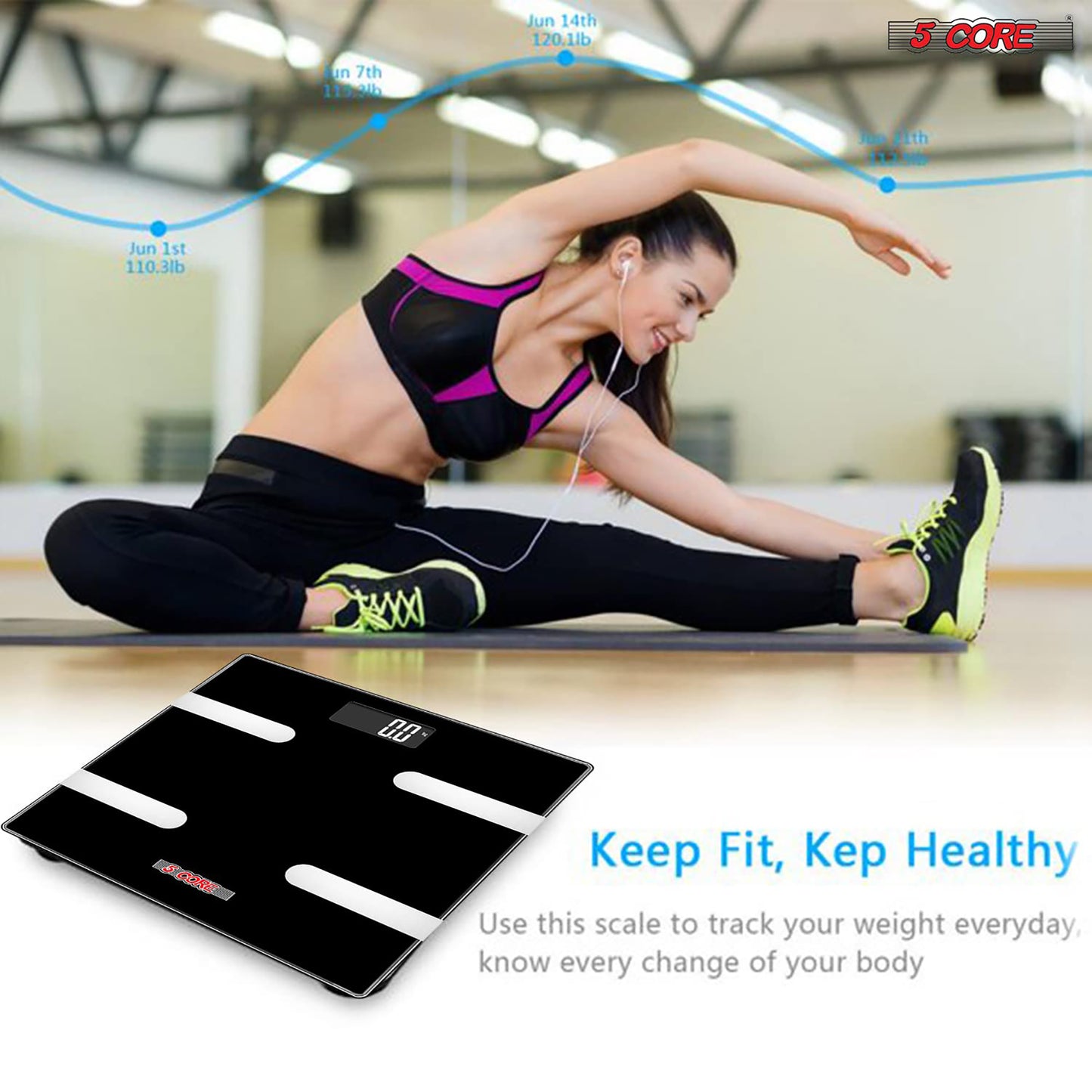 Kcubeinc Rechargeable Smart Digital Bathroom Weighing Scale with Body Fat and Water Weight for People, Bluetooth BMI Electronic Body Analyzer Machine, 400 lbs. BBS HL R BLK
