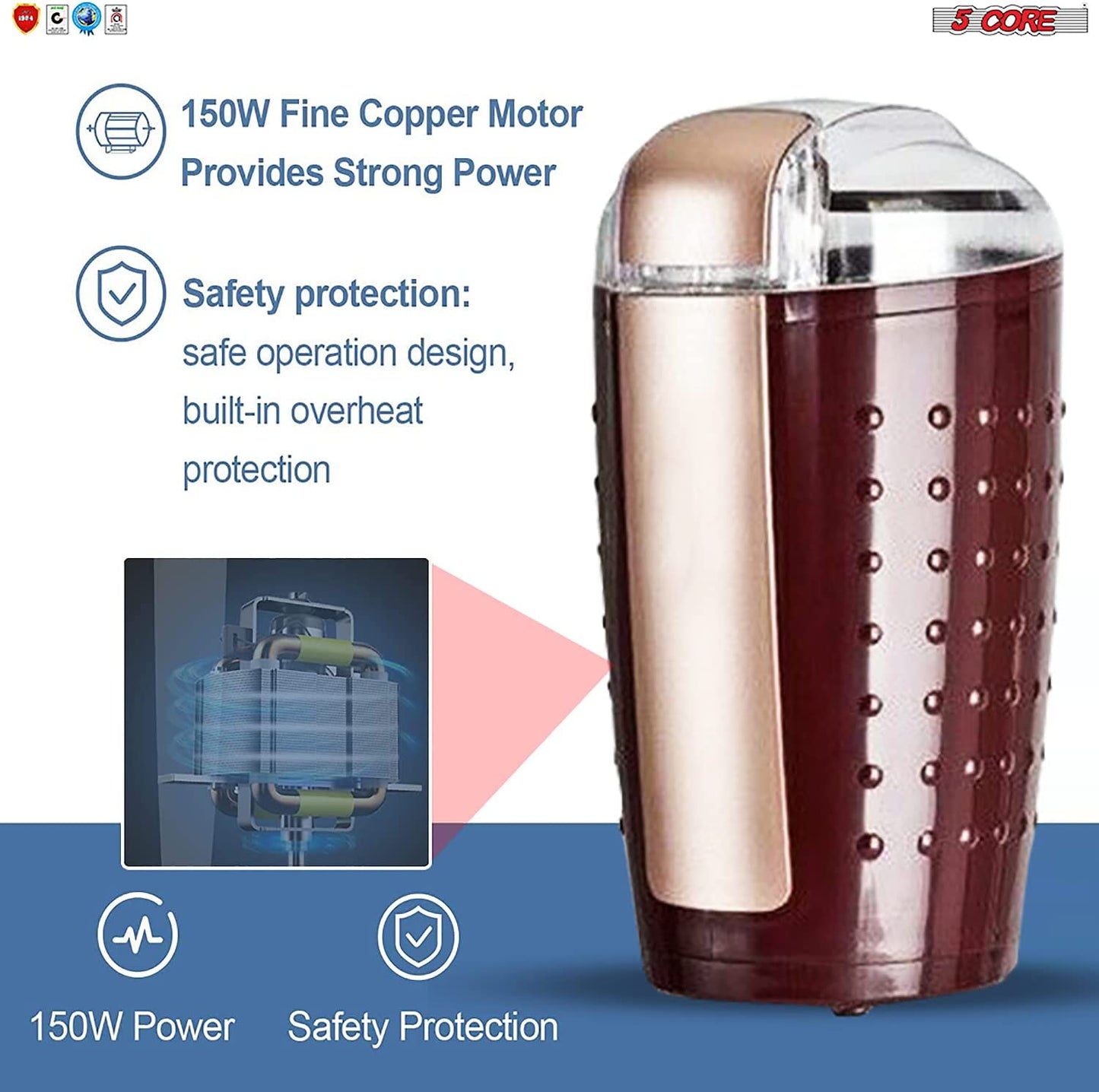 2 Pieces Electric Coffee Grinder Spice Grinders Large Portable Compact with Stainless Blade Grinder CG 01 BR & BL