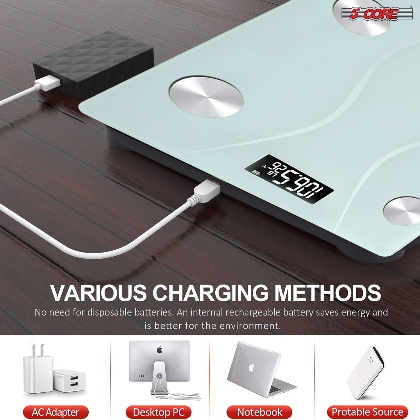 Kcubeinc Digital Scale for Body Weight Bathroom Scales Large Display Rechargeable Batteries BS 01 R WH