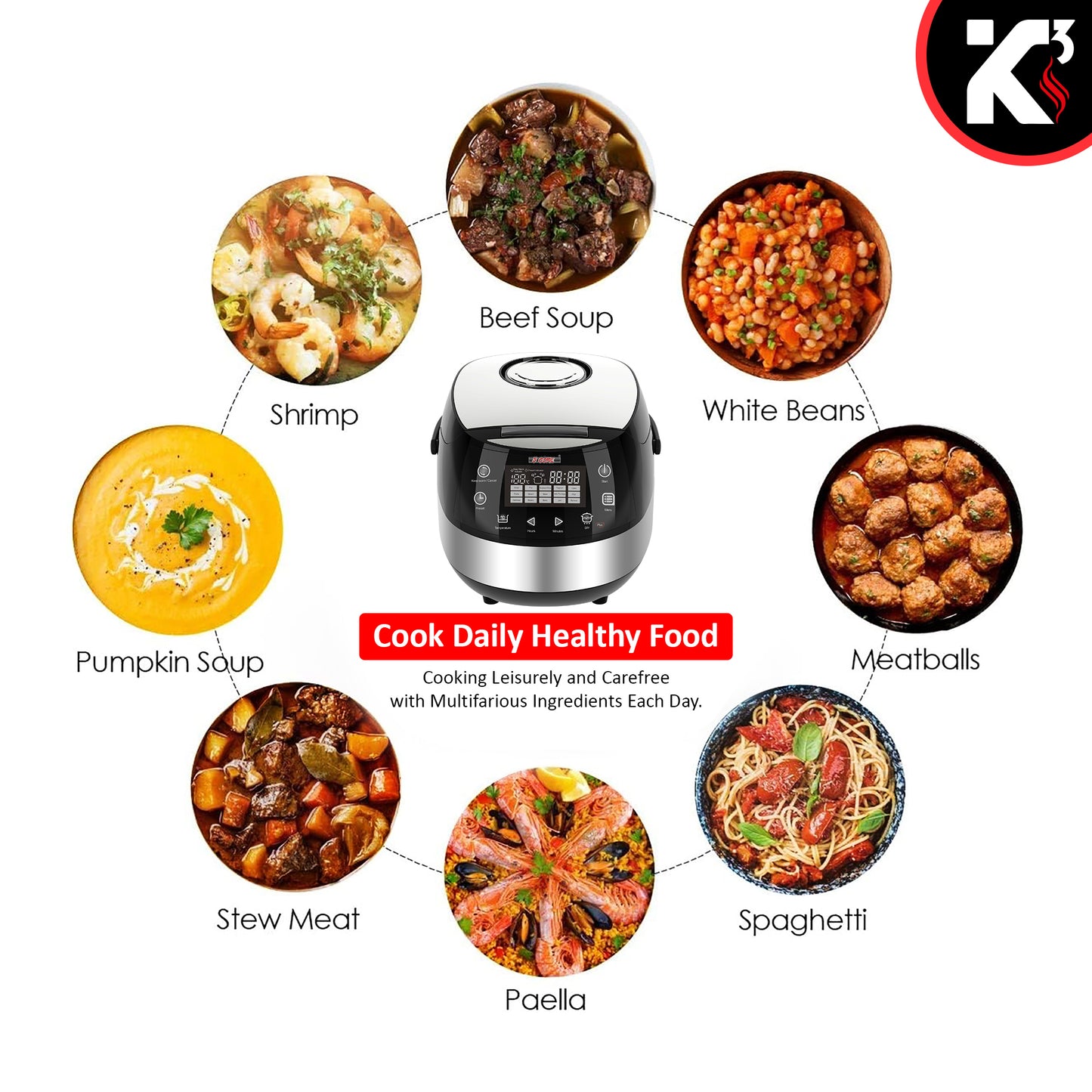 Kcubeinc 5.3Qt Asian Rice Cooker Digital Programmable 15-in-1 Ergonomic Large Touch Screen Electric Multi Cooker Slow Cooker Steamer Pot Warmer 11 Cups 24 Hour Delay Timer Auto Keep Warm Feature RC 0501