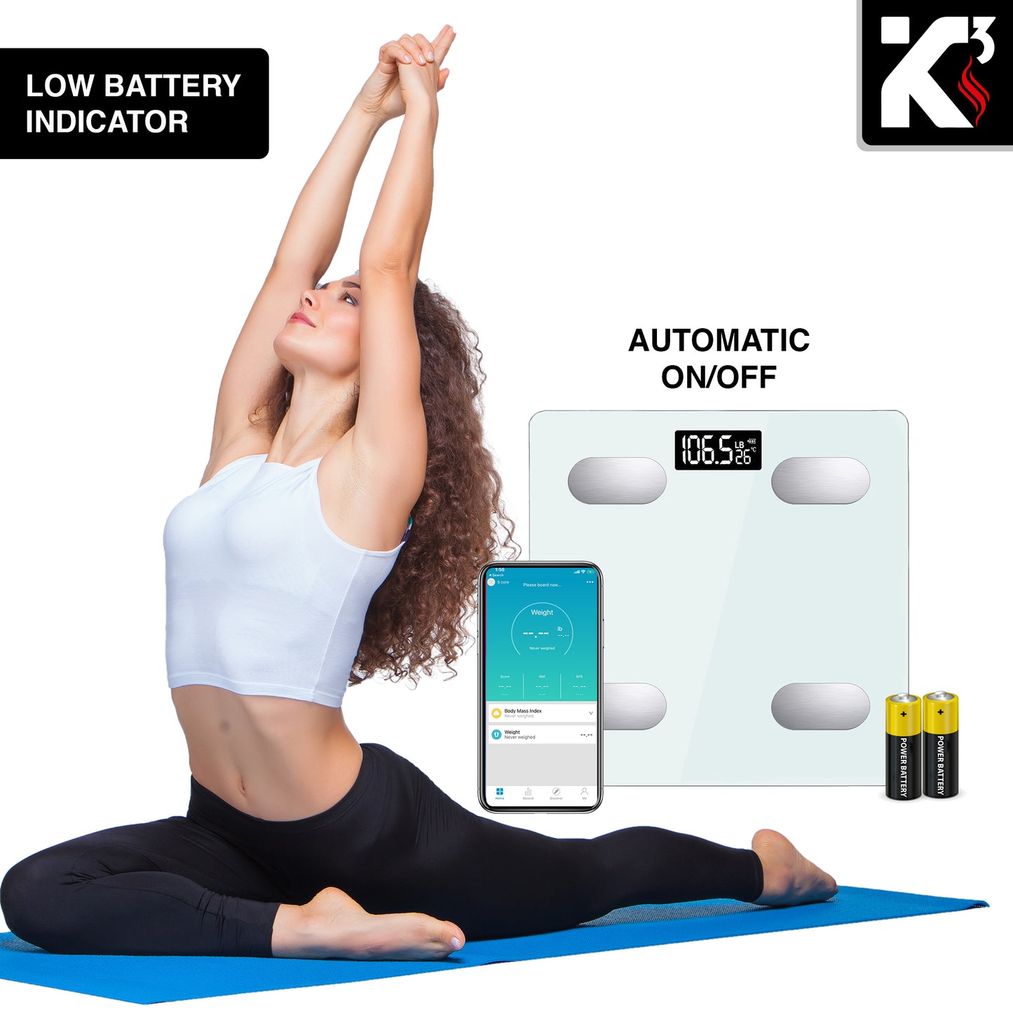 Kcubeinc Smart Digital Bathroom Weighing Scale with Body Fat and Water Weight for People, Bluetooth BMI Electronic Body Analyzer Machine, 400 lbs. BBS HL B WH
