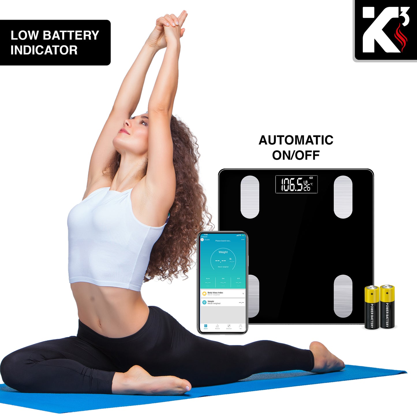 Kcubeinc Smart Digital Bathroom Weighing Scale with Body Fat and Water Weight for People, Bluetooth BMI Electronic Body Analyzer Machine, 400 lbs. BBS VL B BLK
