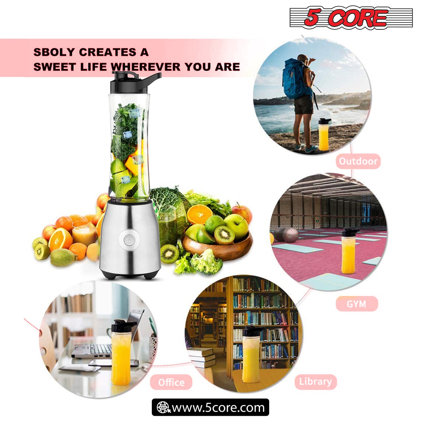 Personal Blender 20 Oz Capacity| BPA Free Food Processor with Portable Bottle 600ml| 300W Electric Motor Powerful Blender with 4 Stainless Steel Blades| For Shakes and Smoothies - 5C 521