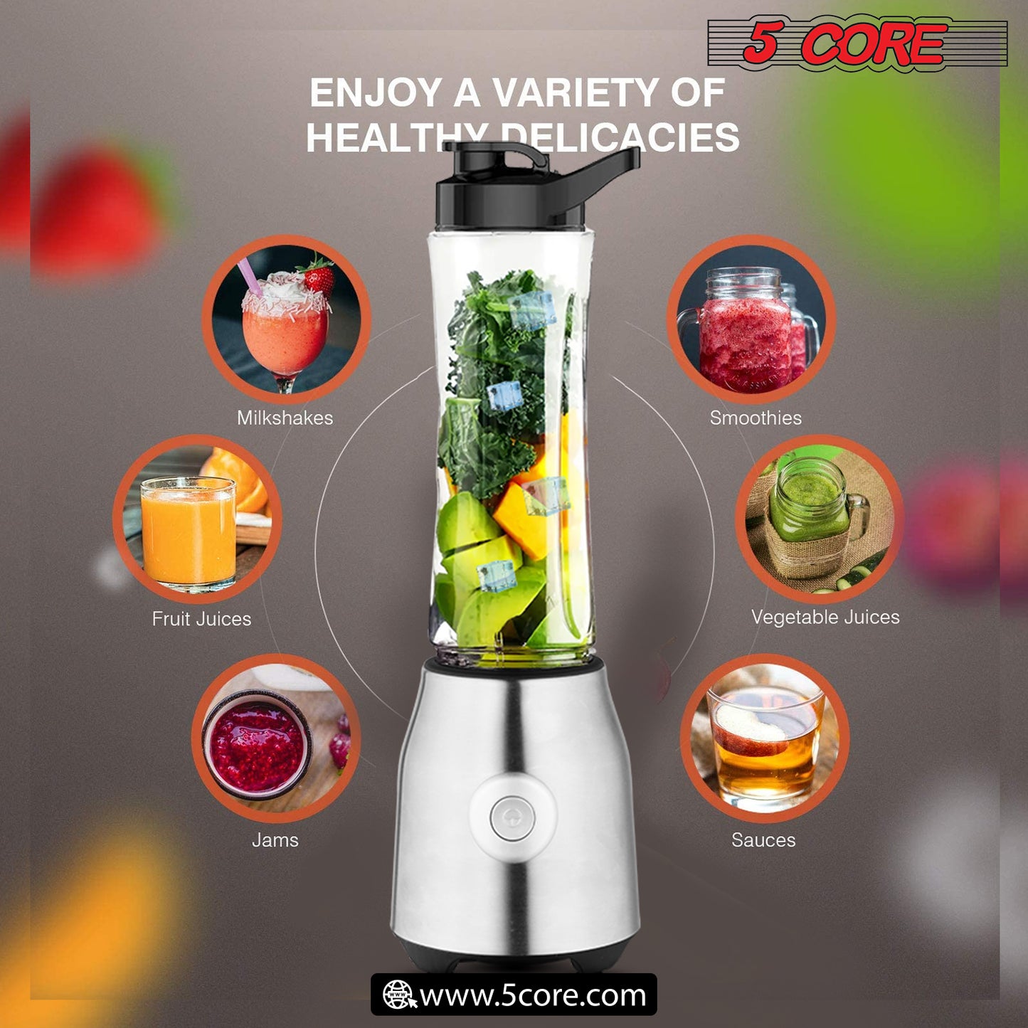 Personal Blender 20 Oz Capacity| BPA Free Food Processor with Portable Bottle 600ml| 300W Electric Motor Powerful Blender with 4 Stainless Steel Blades| For Shakes and Smoothies - 5C 521