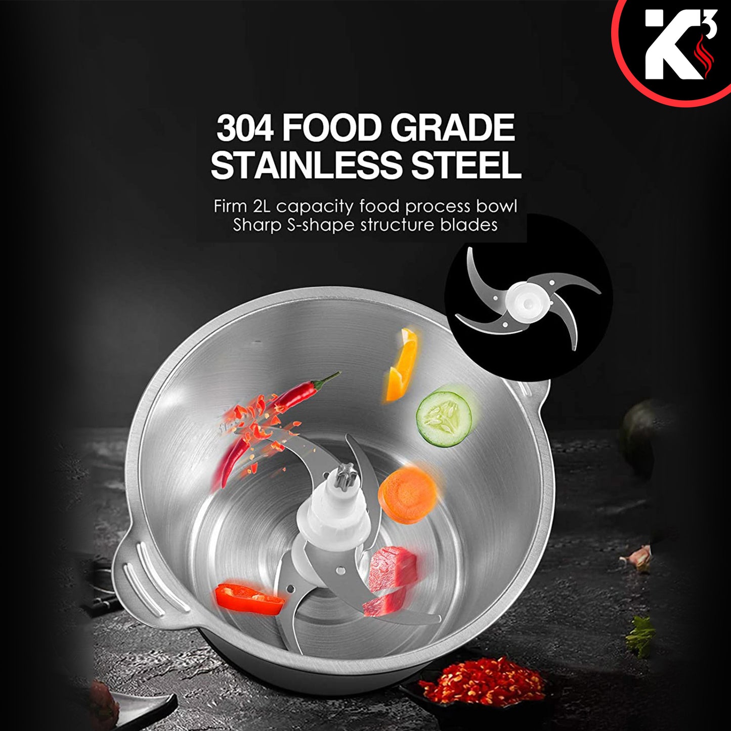 Kcubeinc Food Processor 300W Motor/ Electric Chopper Heavy Duty Meat Grinder/ 12 Cup Capacity, Stainless Steel Bowl With 2 Speed for Vegetables, Fruits, Nuts, Coffee Beans, Lean Ground Meat- MG S SSB