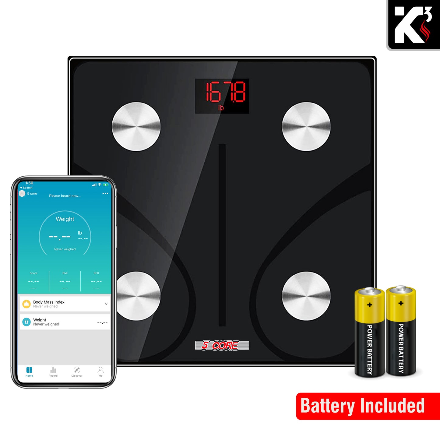 Kcubeinc Smart Digital Bathroom Weighing Scale with Body Fat and Water Weight for People, Bluetooth BMI Electronic Body Analyzer Machine, 400 lbs. BBS DOT B BLK