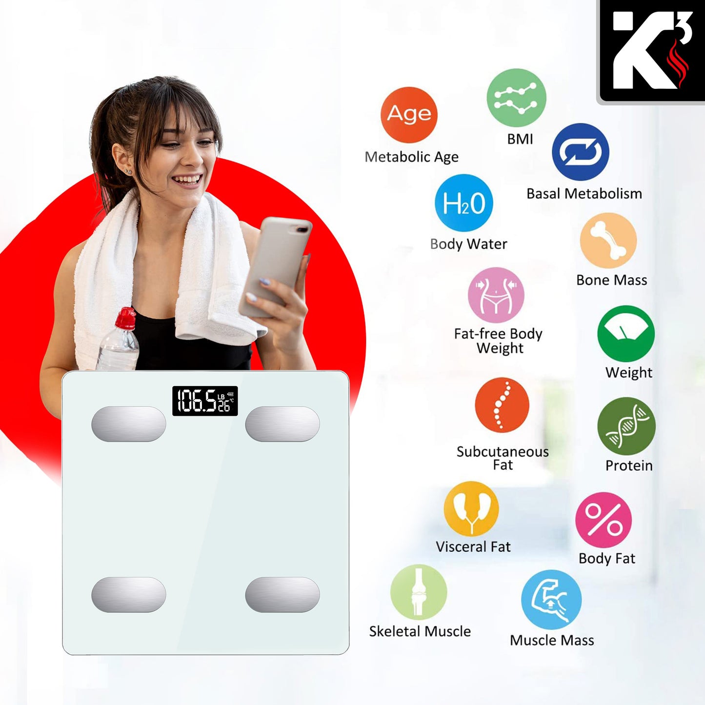 Kcubeinc Smart Digital Bathroom Weighing Scale with Body Fat and Water Weight for People, Bluetooth BMI Electronic Body Analyzer Machine, 400 lbs. BBS HL B WH
