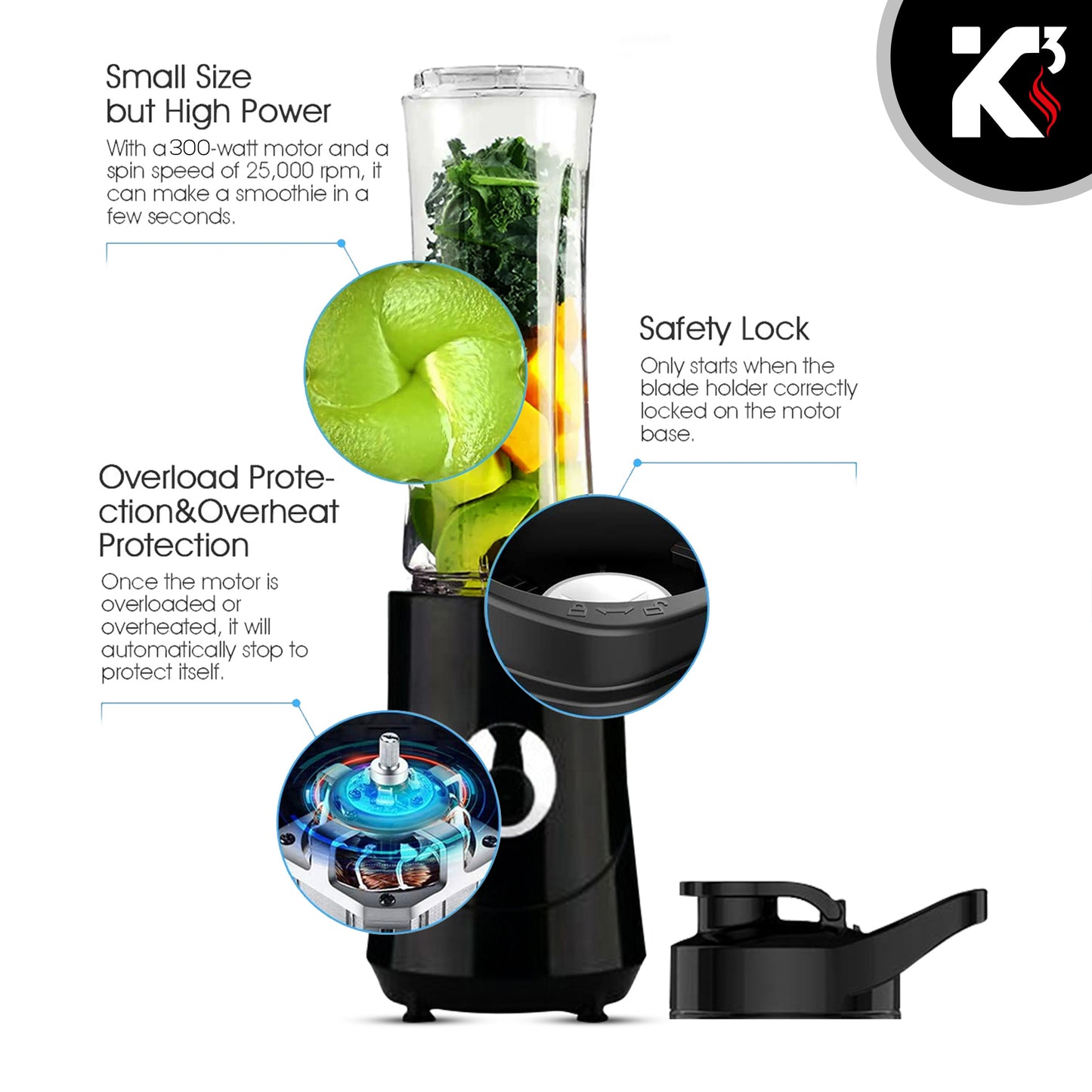 Personal Blender 20 Oz Capacity| BPA Free Food Processor with Portable Bottle 600ml| 160W with Stainless Blades for Powerful Blending Performance| Perfect for Shakes and Smoothies - 5C 421