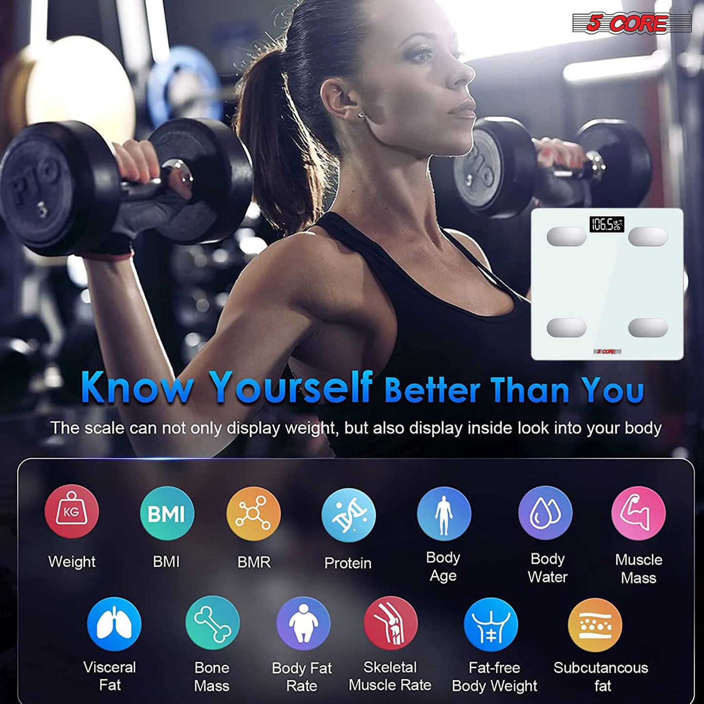 Kcubeinc Rechargeable Smart Digital Bathroom Weighing Scale with Body Fat and Water Weight for People, Bluetooth BMI Electronic Body Analyzer Machine, 400 lbs. BBS HL R WH