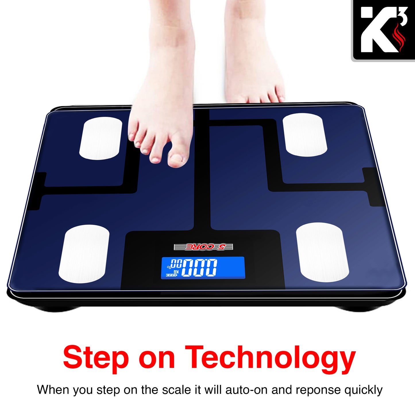 Kcubeinc Smart Digital Bathroom Weighing Scale with Body Fat and Water Weight for People, Bluetooth BMI Electronic Body Analyzer Machine, 400 lbs. BBS VL B BLU