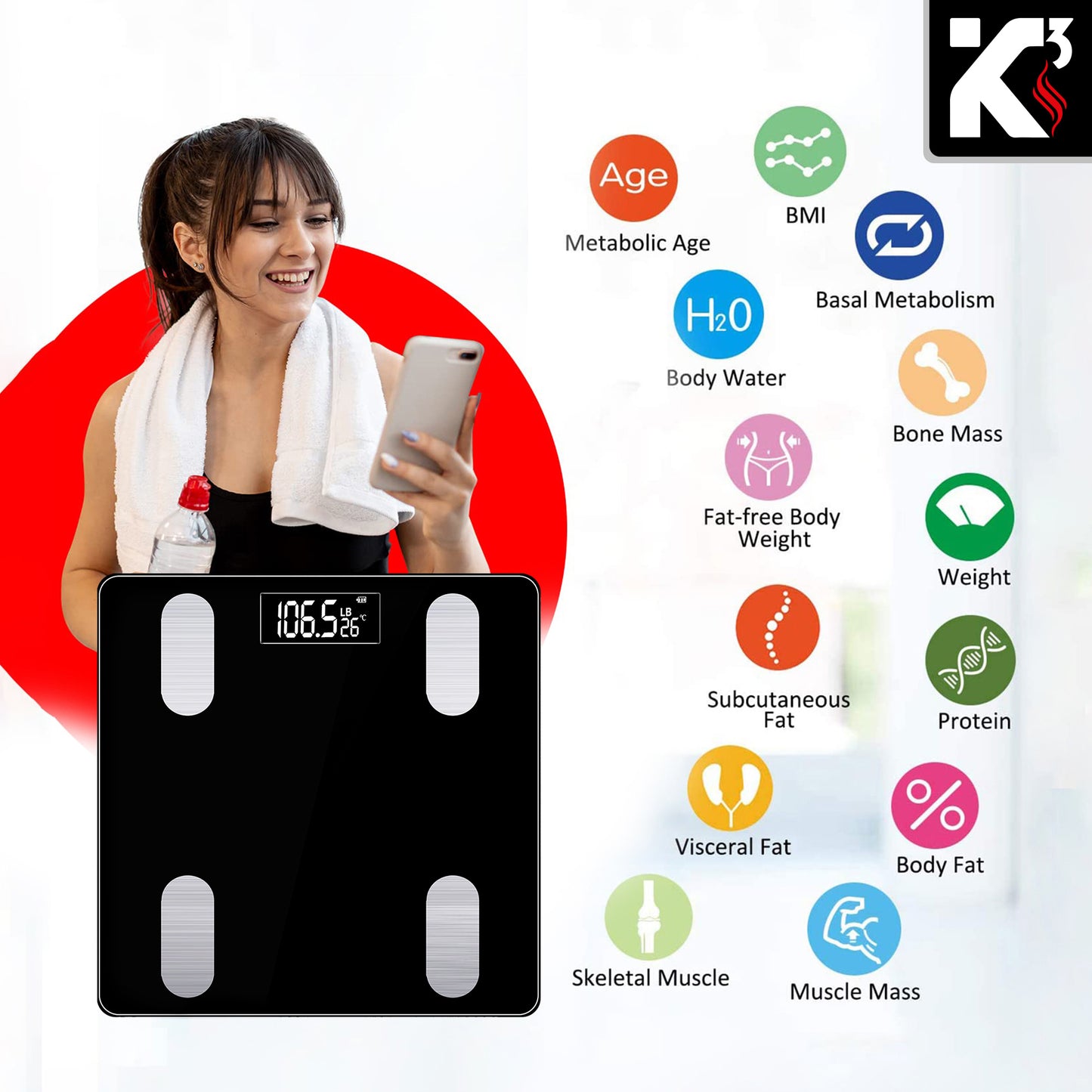 Kcubeinc Smart Digital Bathroom Weighing Scale with Body Fat and Water Weight for People, Bluetooth BMI Electronic Body Analyzer Machine, 400 lbs. BBS VL B BLK