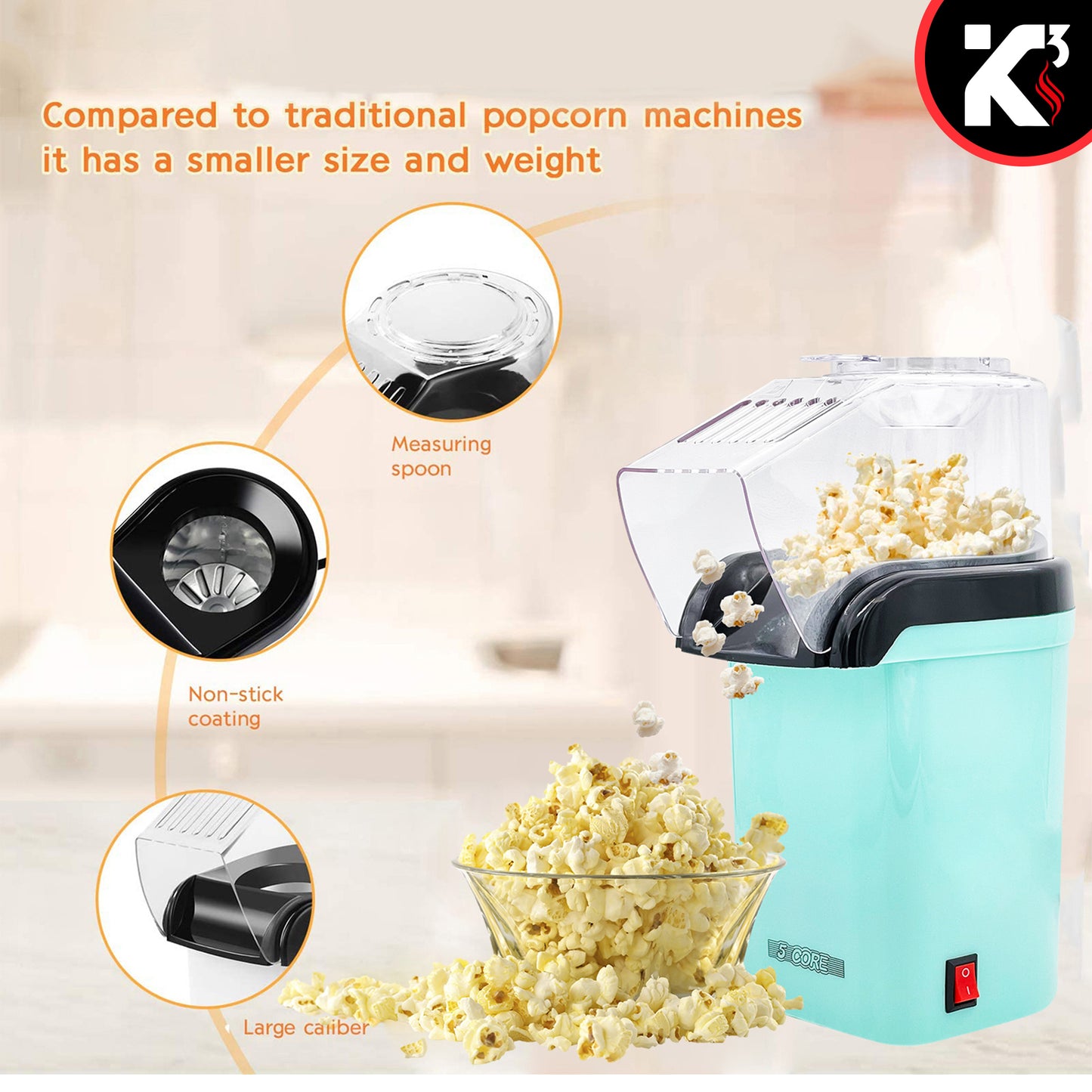 Kcubeinc Popcorn Machine Hot Air Electric Popper Kernel Corn Maker Bpa Free No Oil POP G